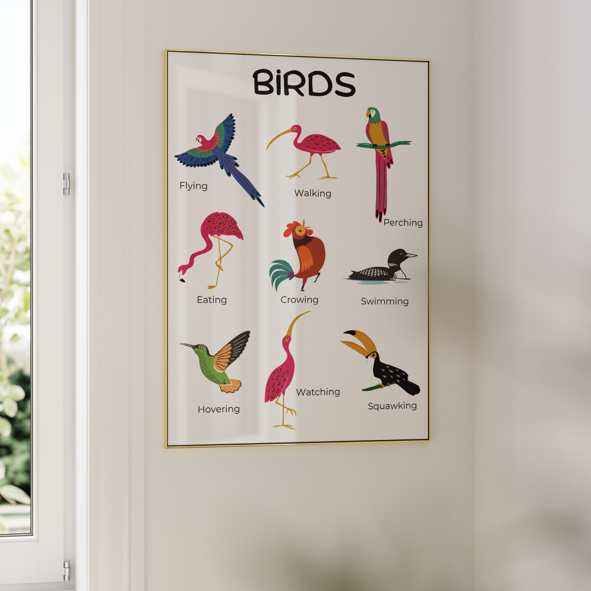 Framed bird poster for kids on white wall