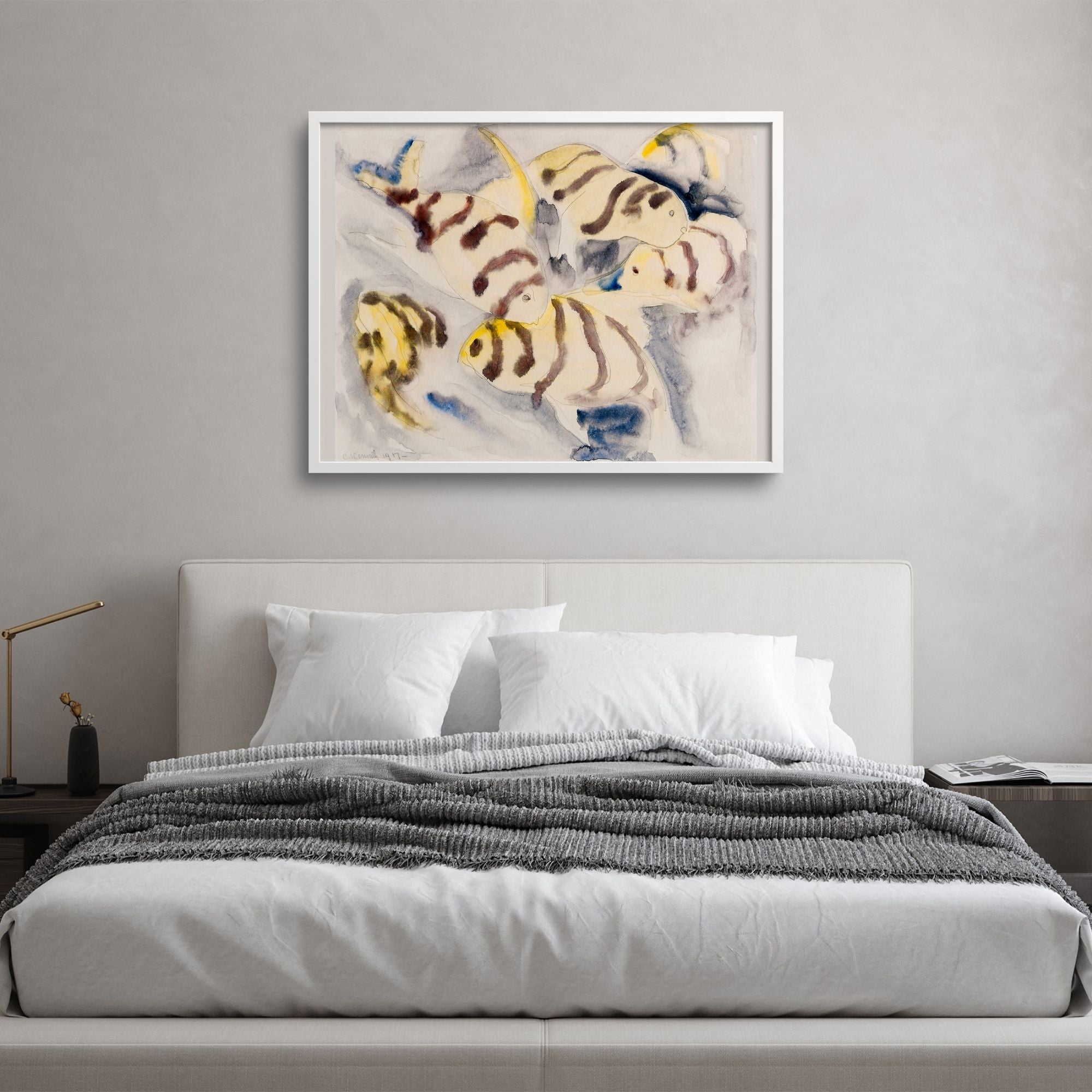 Tropical fish art print in a minimalist bedroom with japandi style furnishings