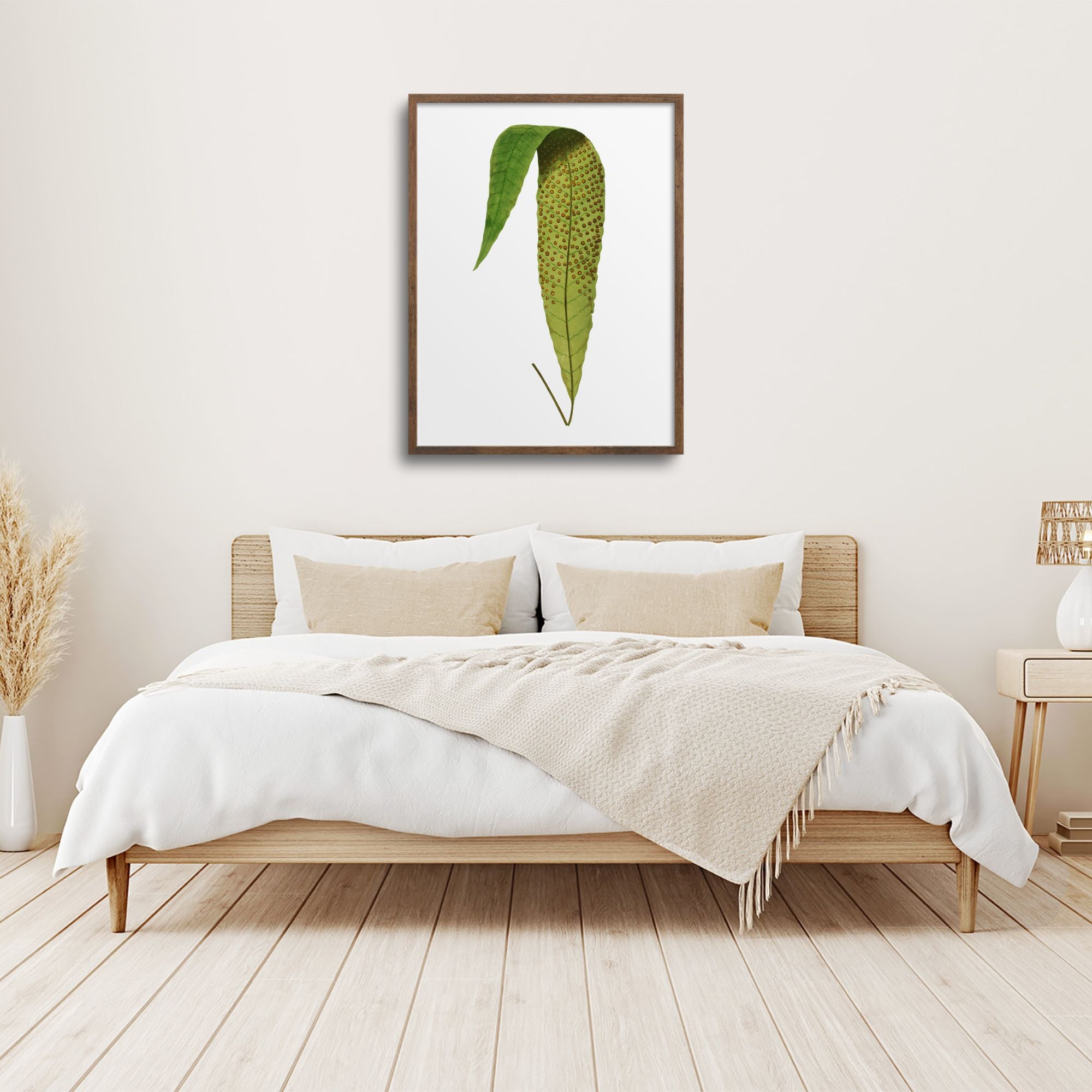 Framed fern over a bed.
