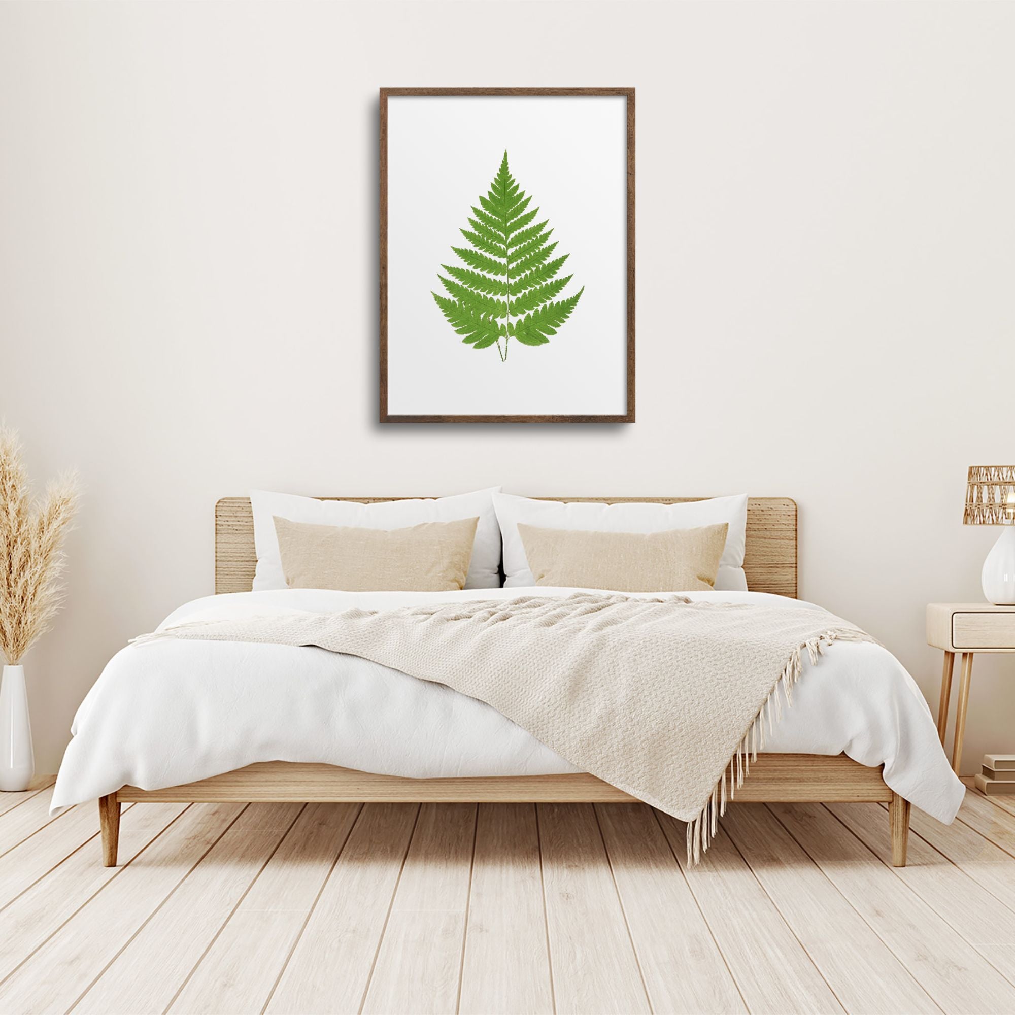 Minimalist fern print in a scandi bedroom.