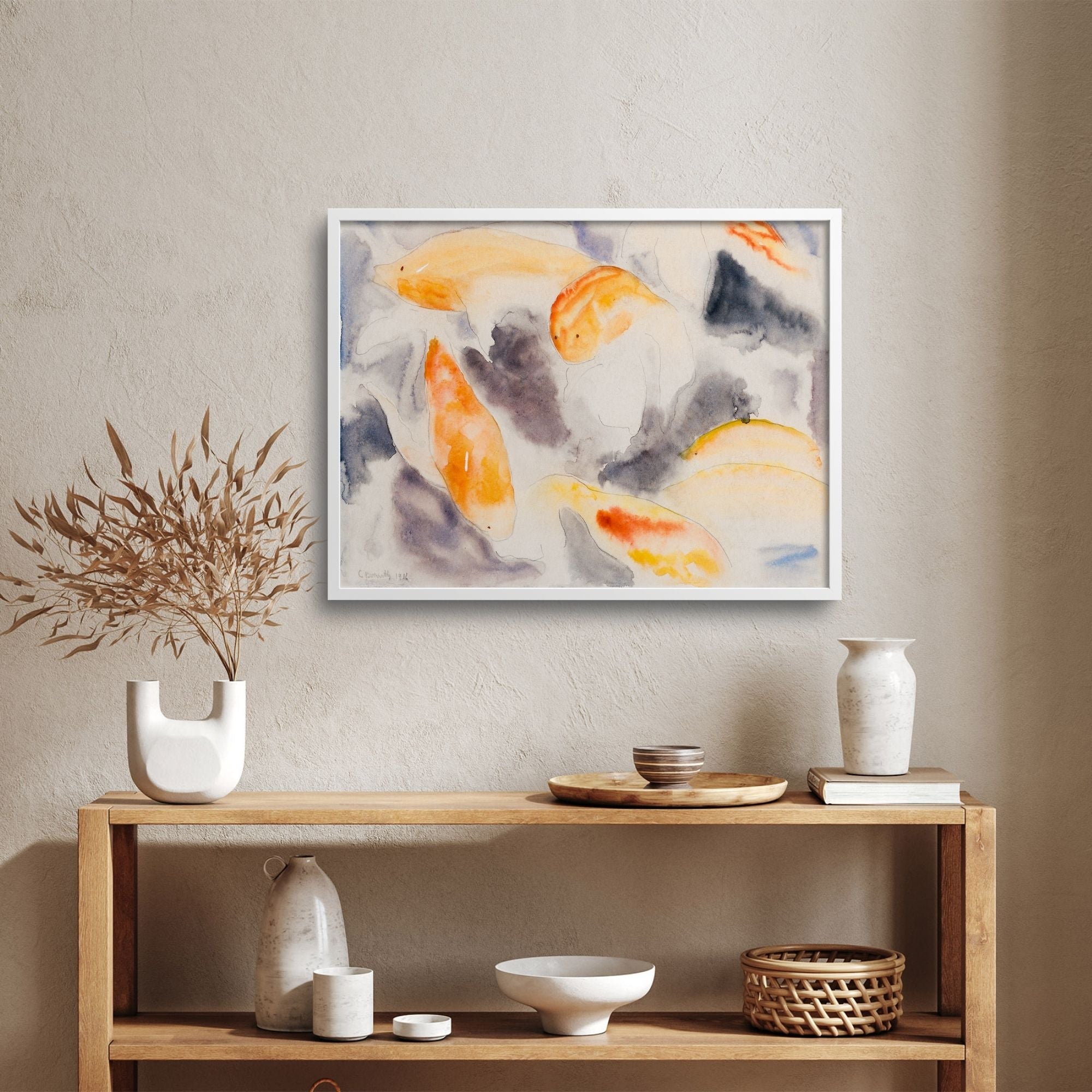 abstract fish painting over a bookshelf