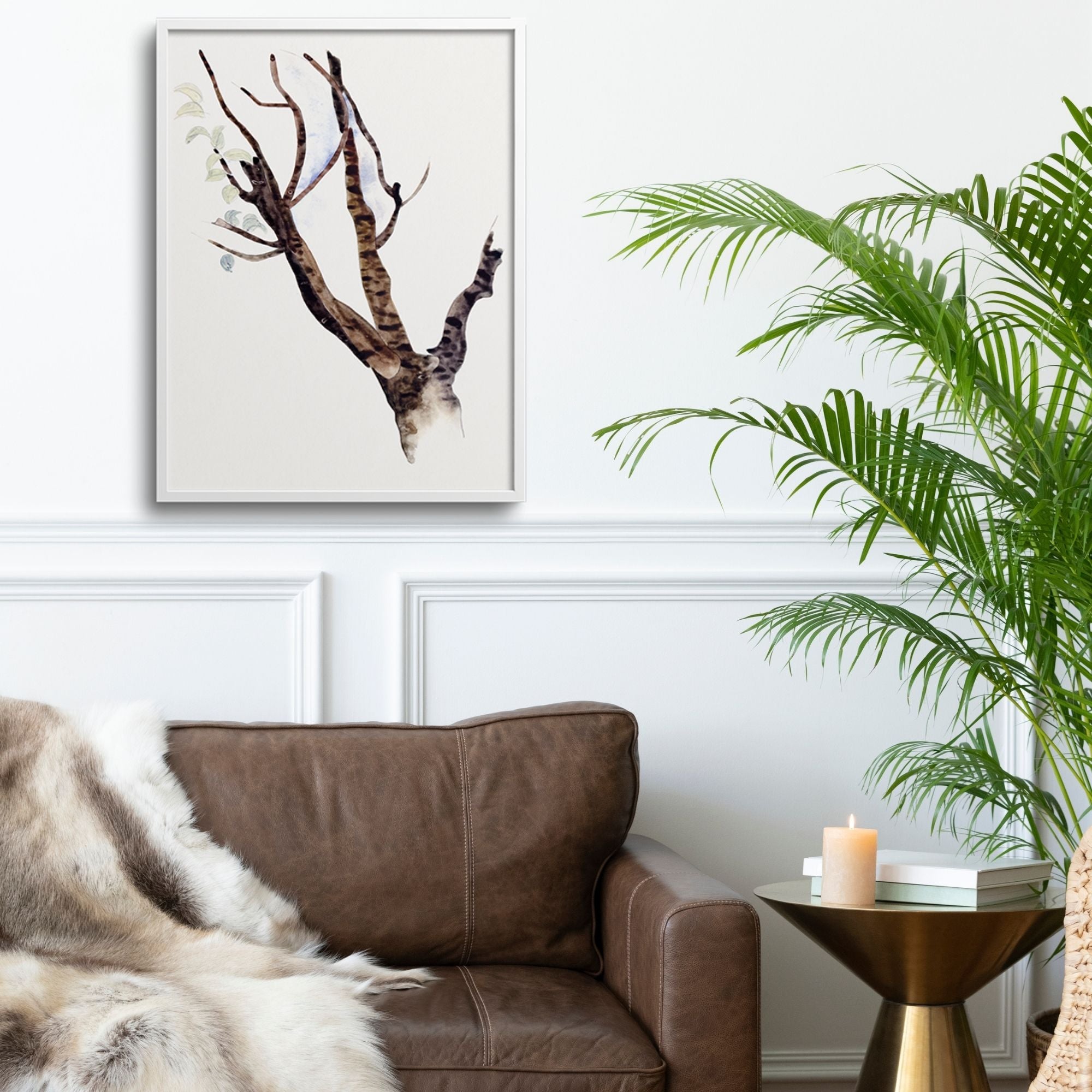Framed tree in a living room.