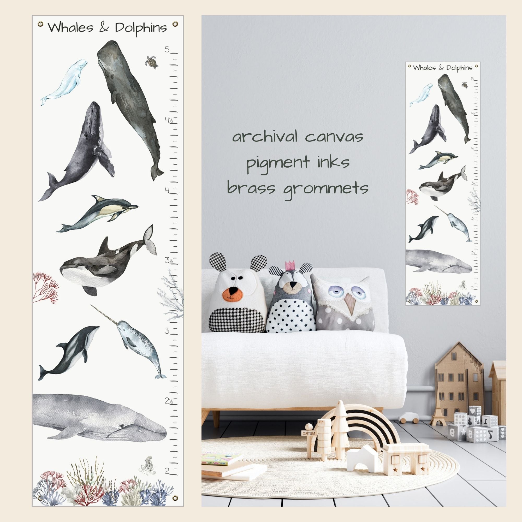 Canvas whale and dolphin growth char in a child's playroom.