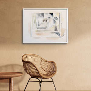 Bermuda stairway abstract print by Charles Demuth next to a chair.