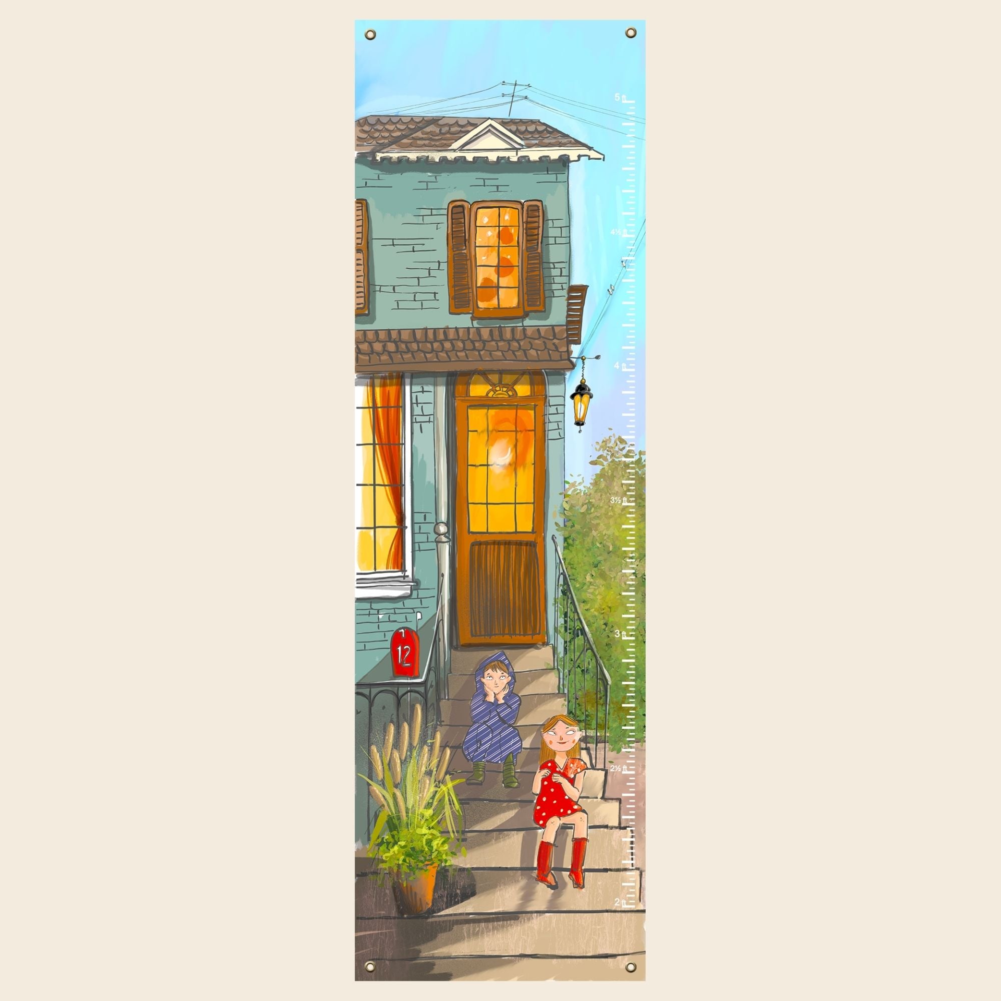 City stairs canvas growth chart for measuring child's height.