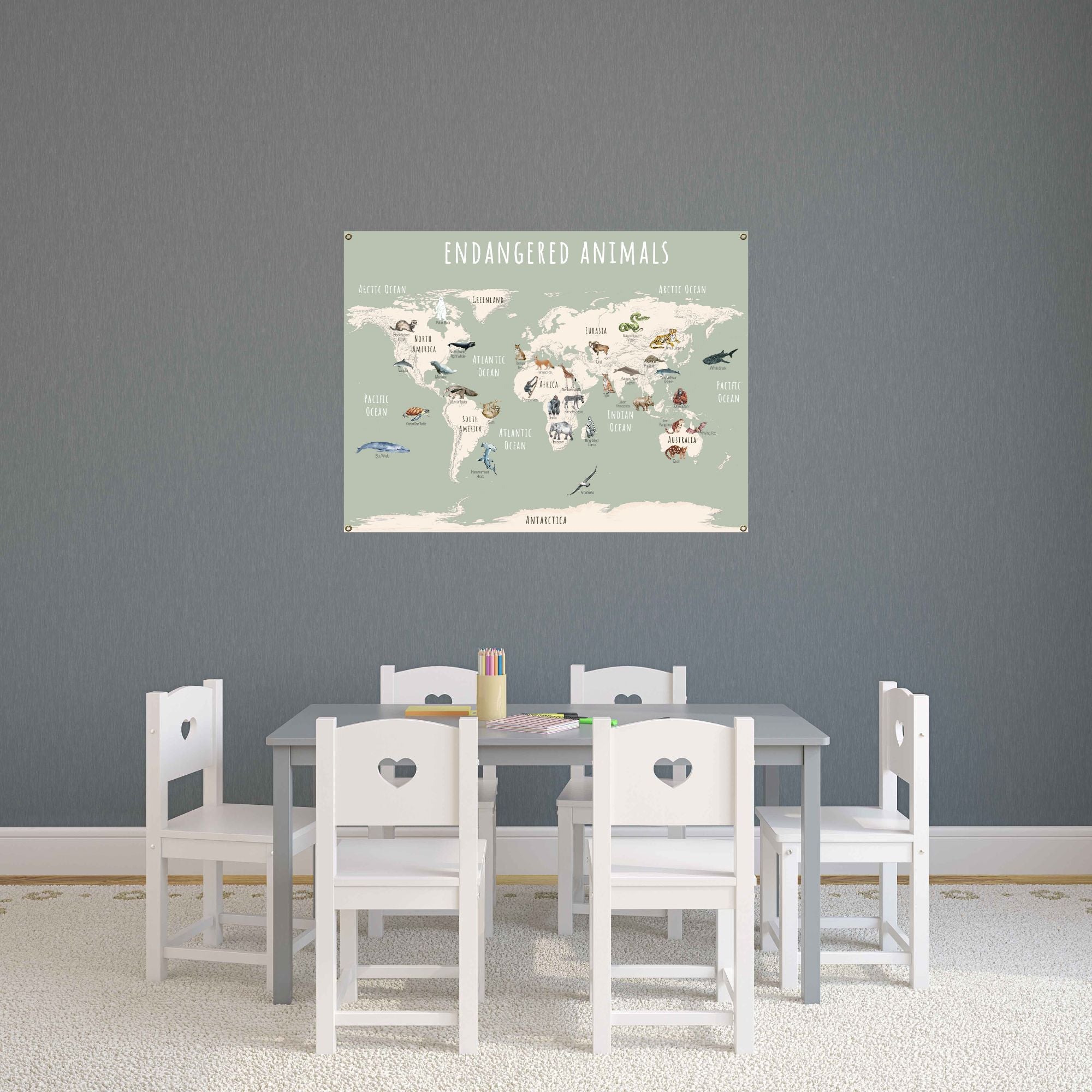 Green endangered animals world map in a child's playroom.