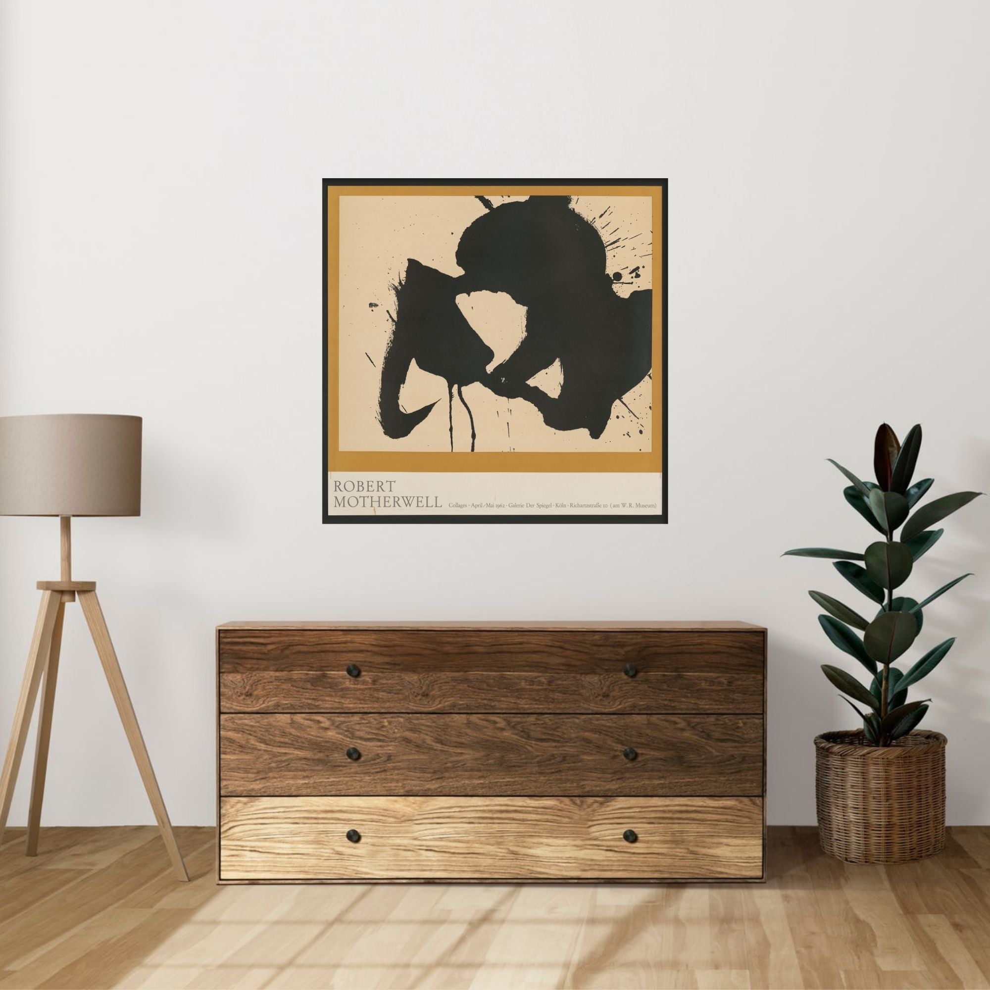 Abstract Motherwell Exhibition Poster in a minimalist room