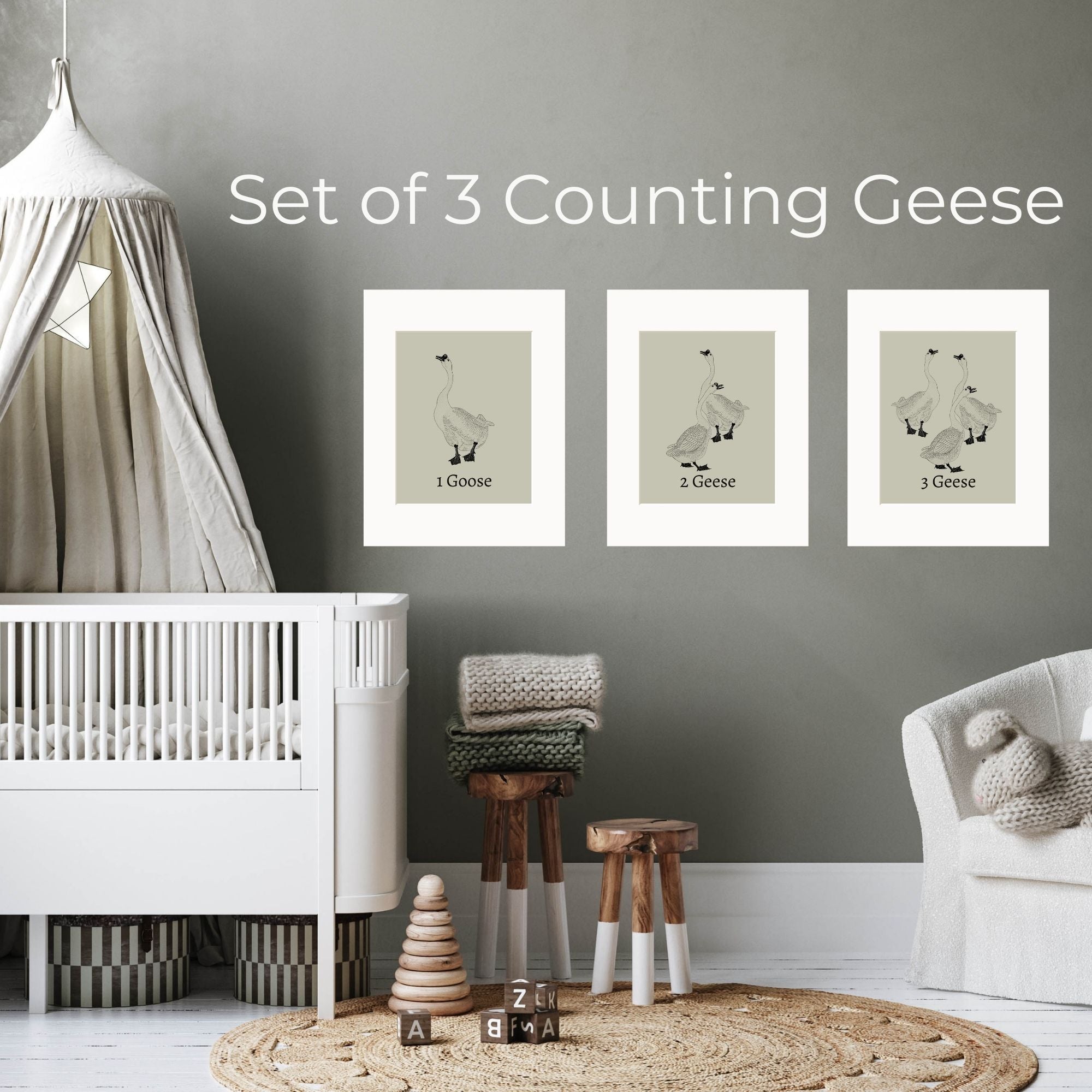 Set of 3 Sage Green Counting Geese Art Prints with Mats