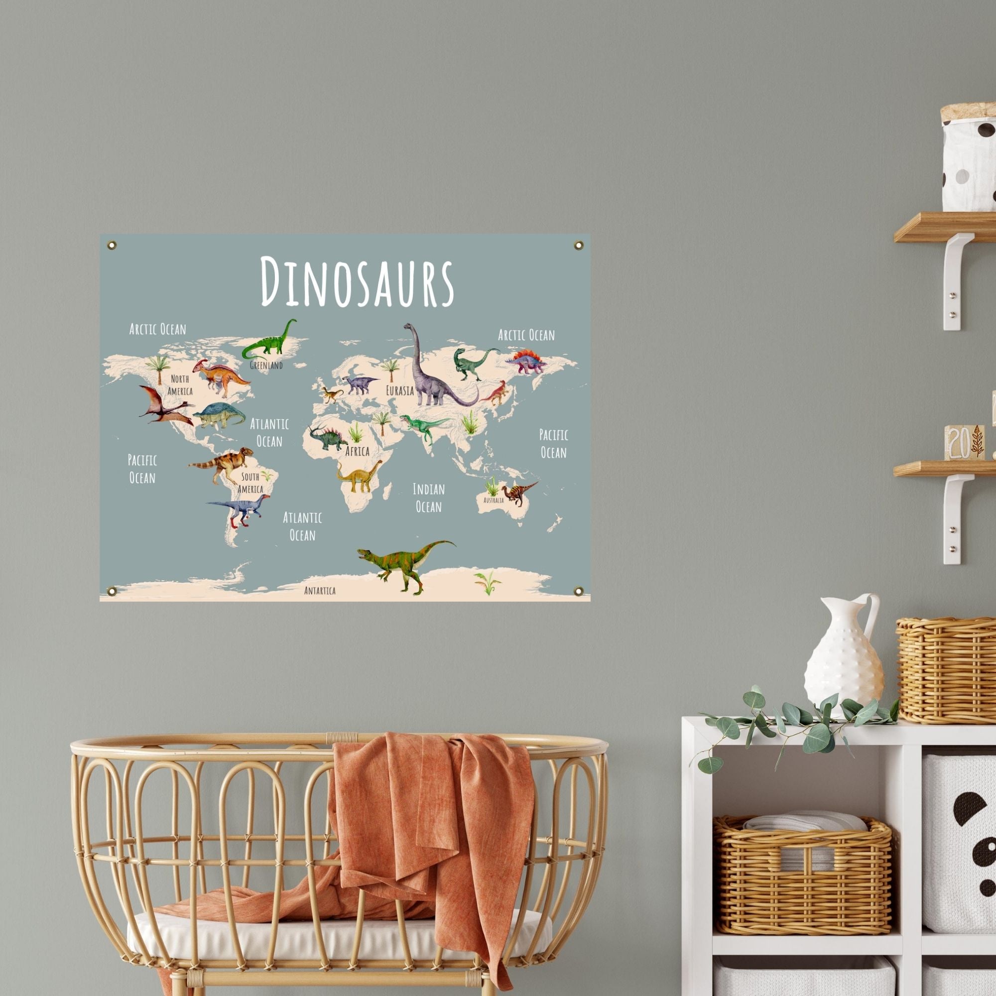 Blue Dinosaur World Map on Fine Art Canvas or Archival Paper