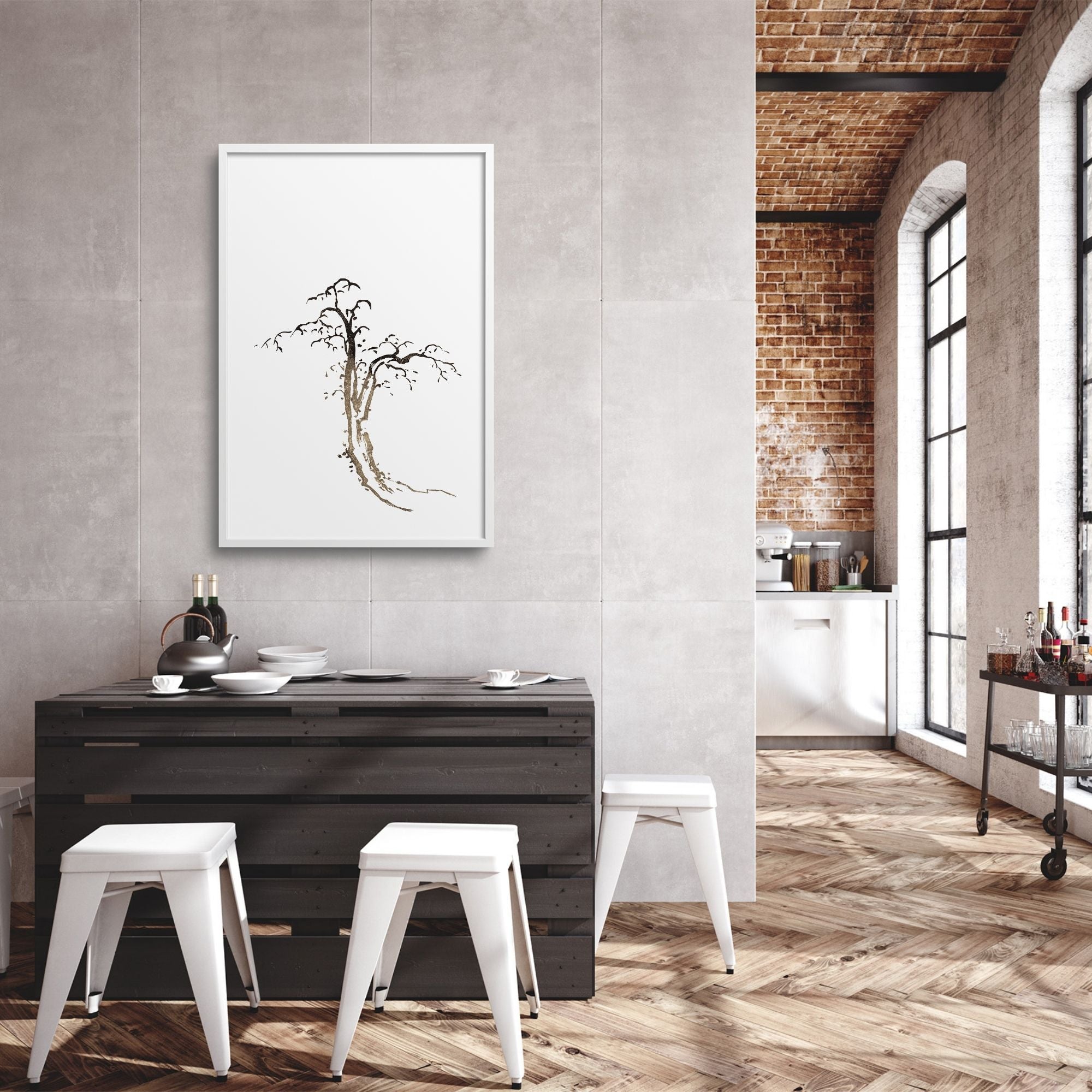 Large tree art print in a modern minimalist loft