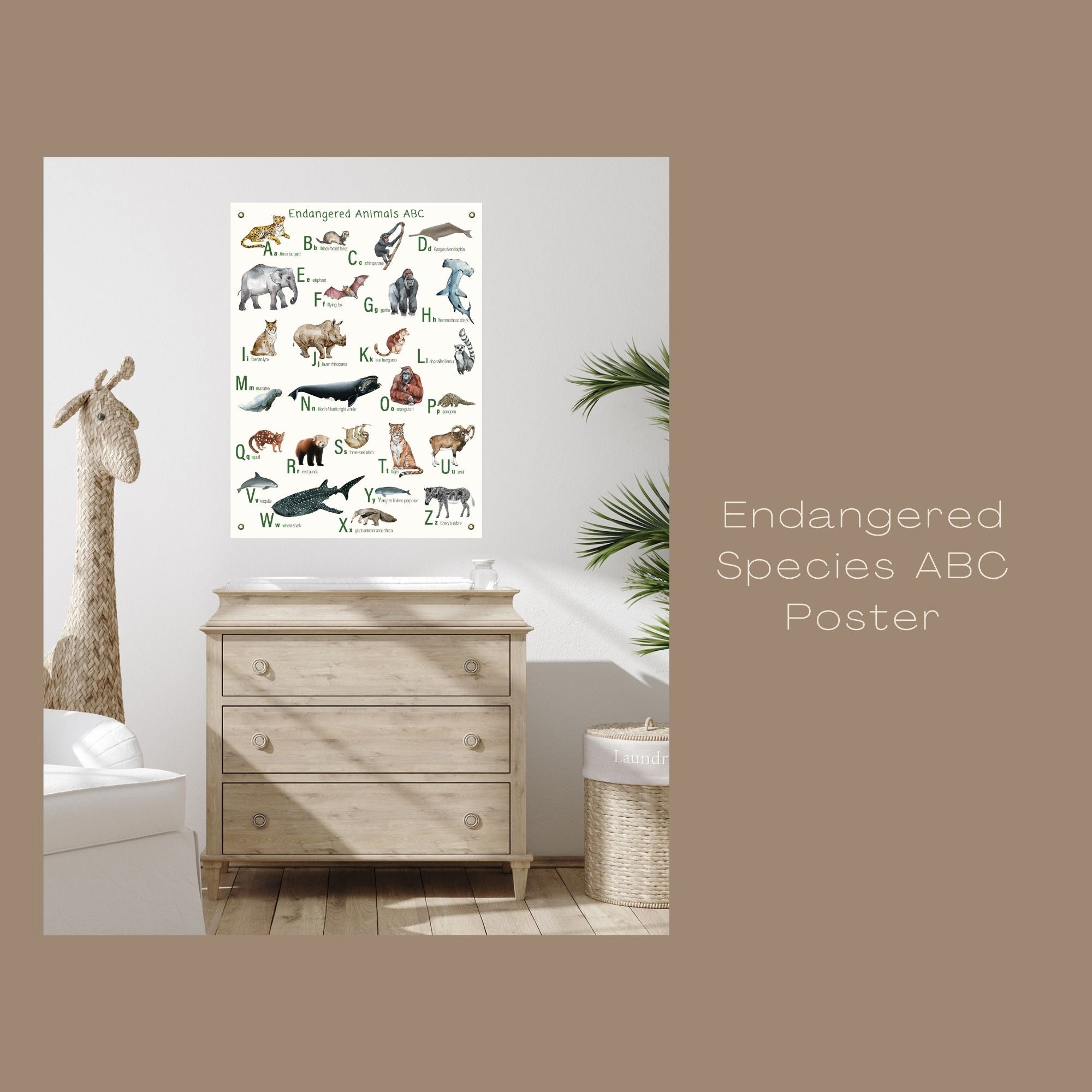 Canvas endangered animals poster over a child's dresser.