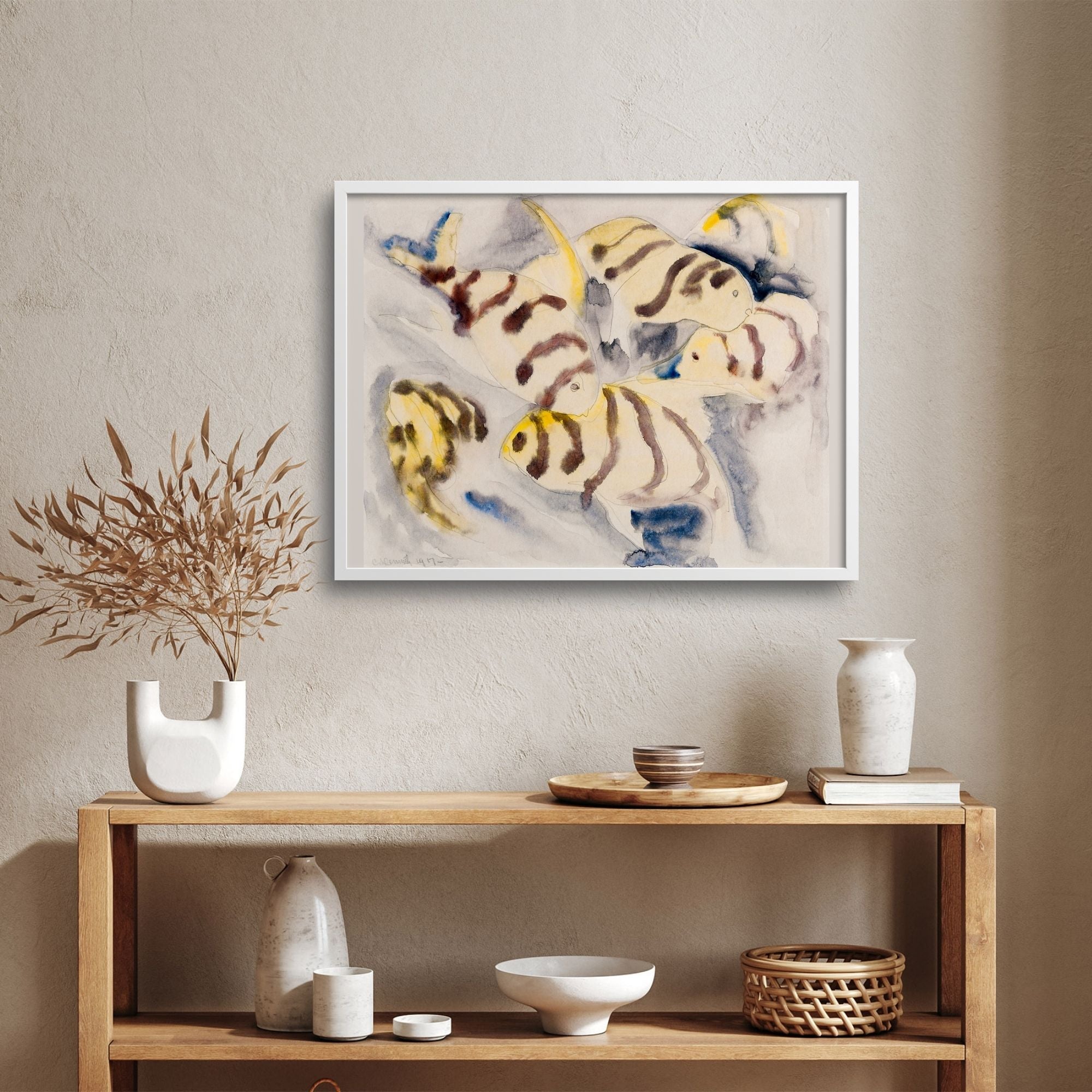 watercolor tropical fish over a bookcase