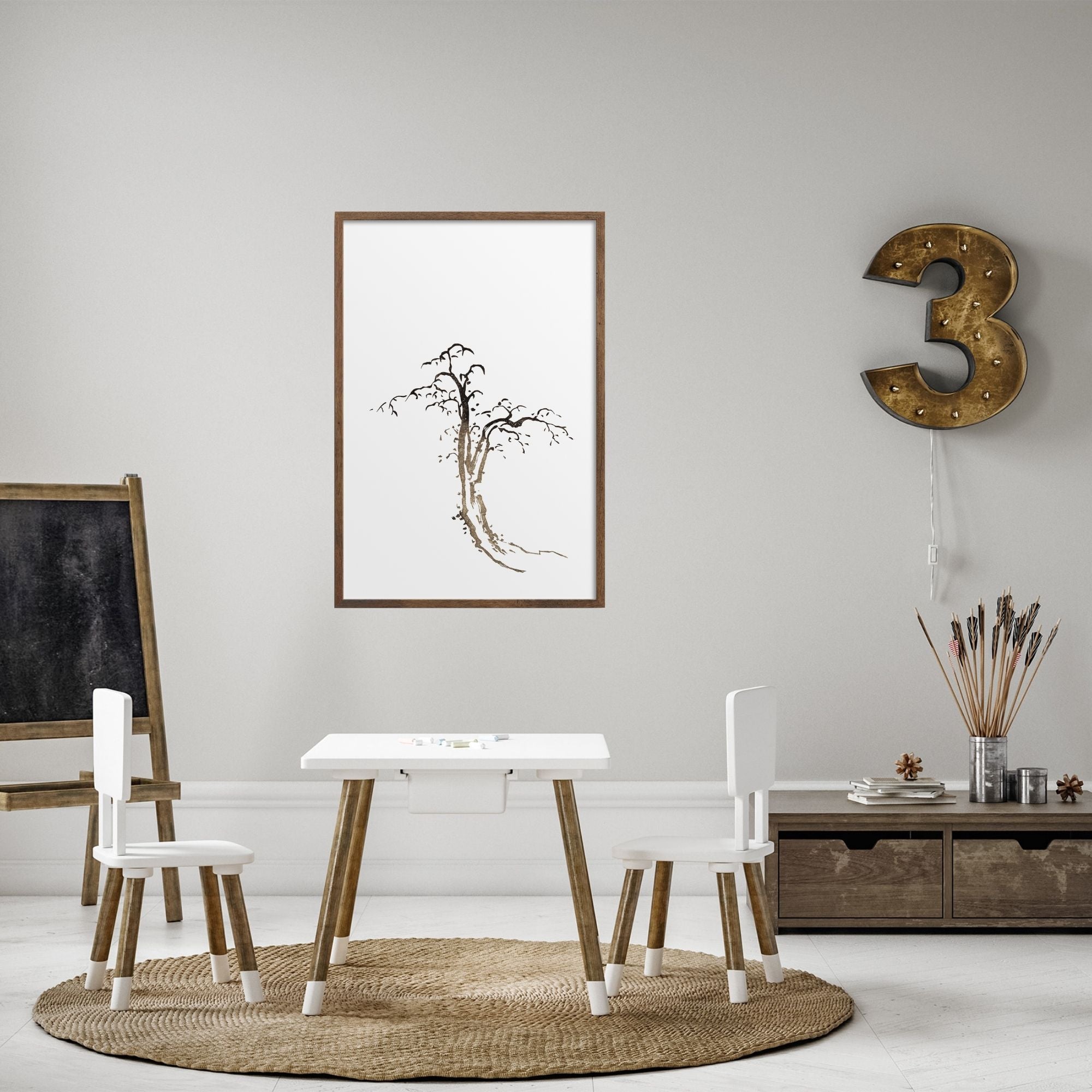 Japanese tree art print in a child's playroom