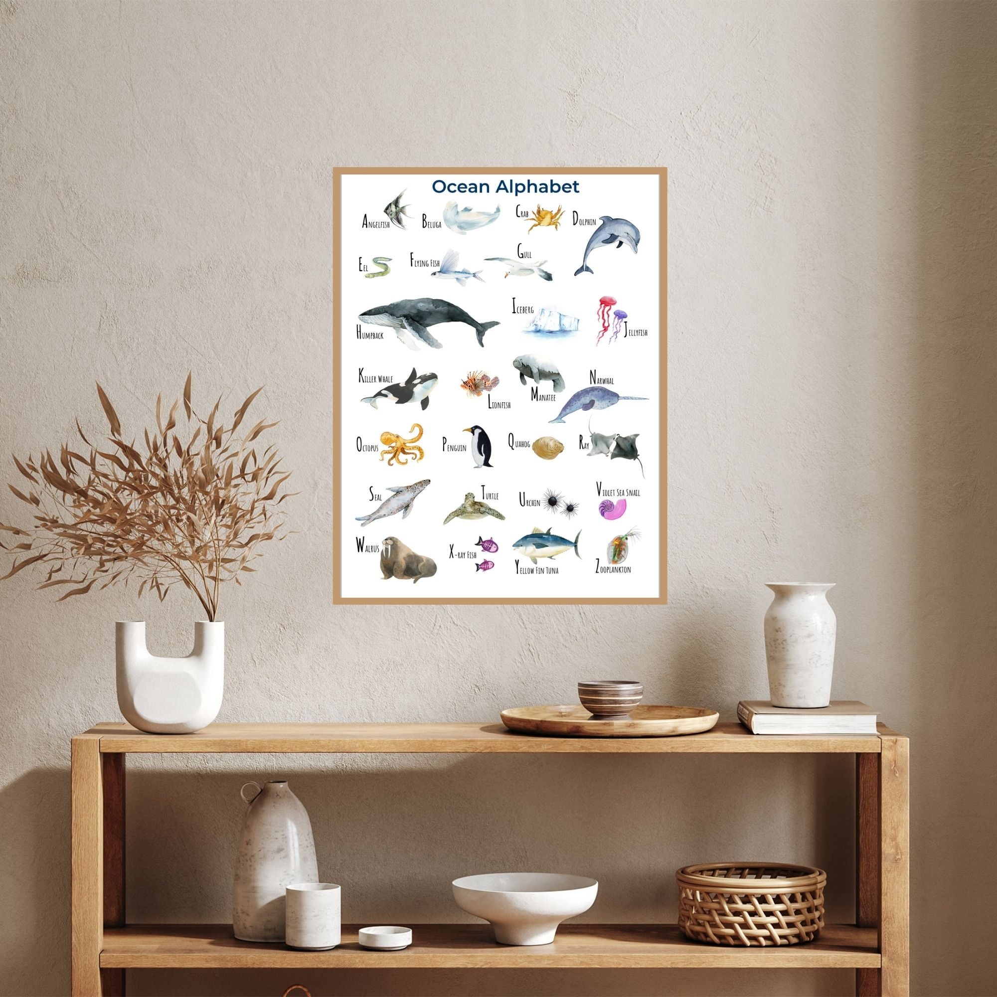 ocean alphabet poster for kids over a wooden bookcase