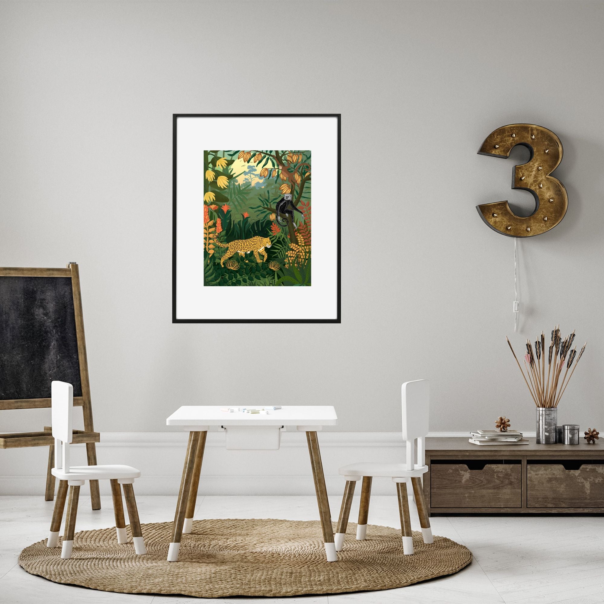 jungle rainforest print in a child's playroom