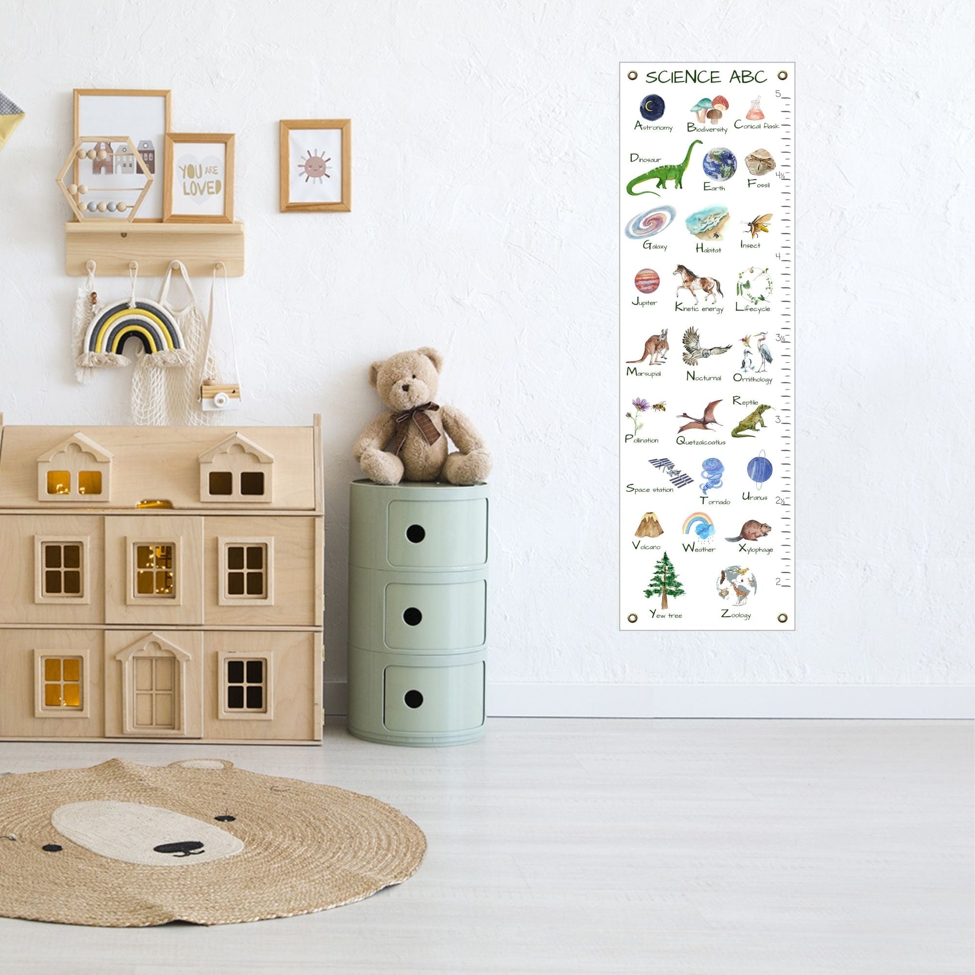 Canvas child's science alphabet height chart on playroom wall