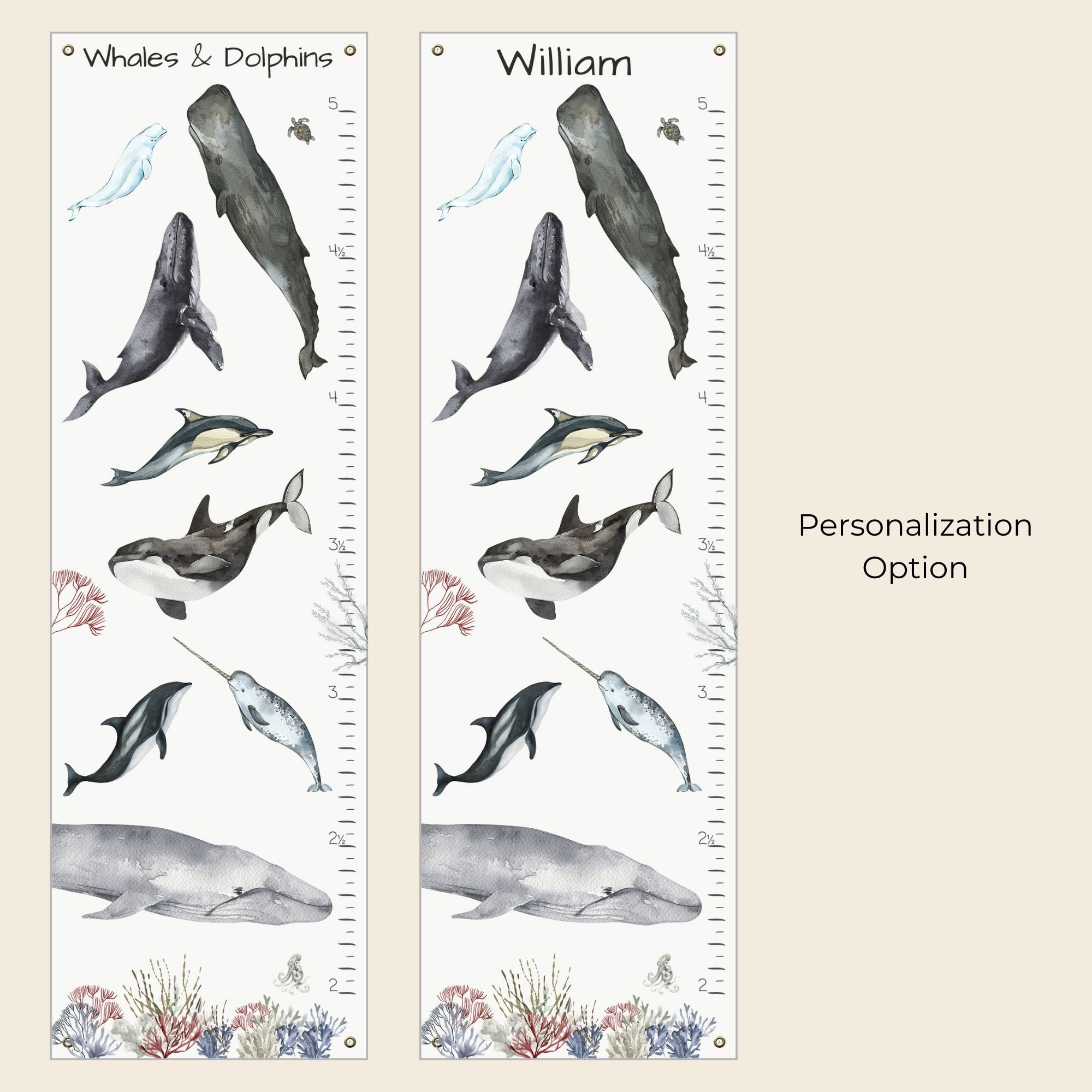 Personalized custom whale and dolphin growth chart in canvas with brass grommets.