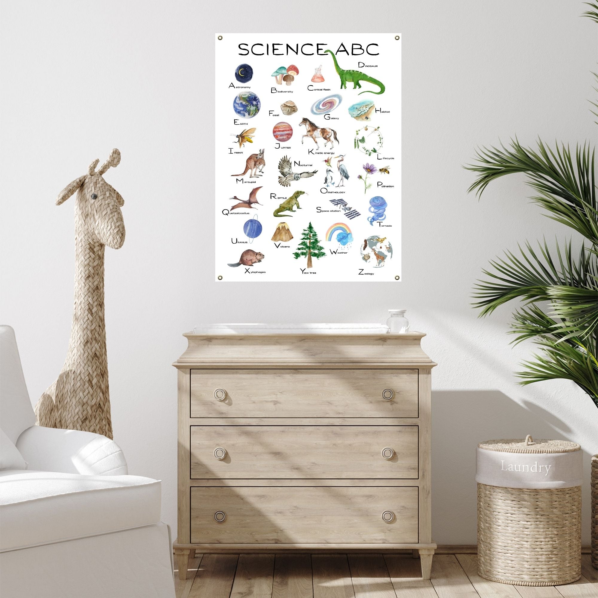 Science alphaet poster in a baby's room.