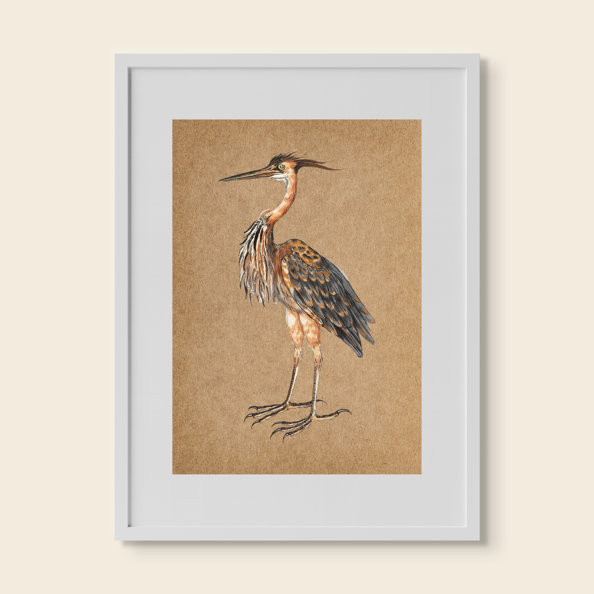 Framed purple heron art print.