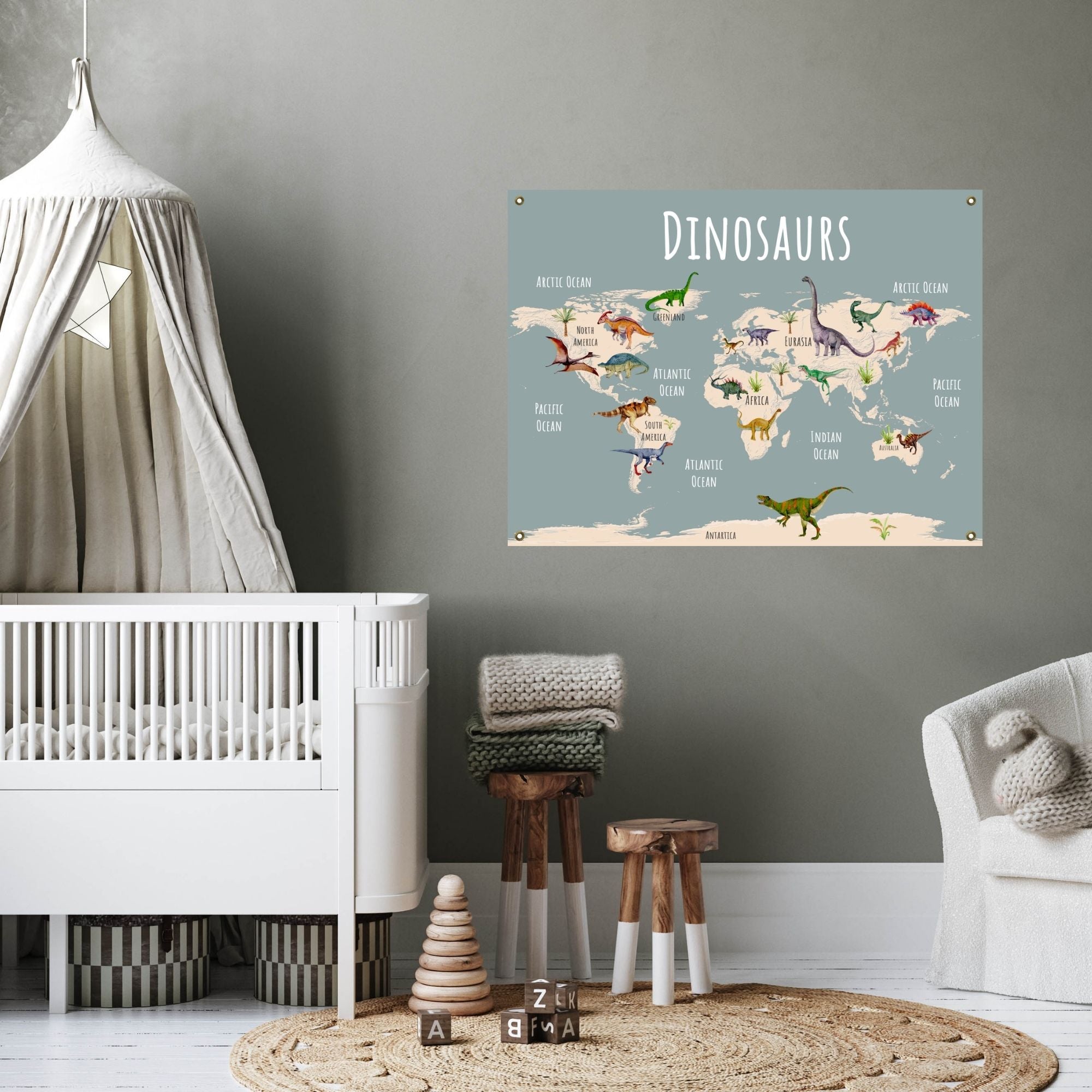 Blue Dinosaur World Map on Fine Art Canvas or Archival Paper
