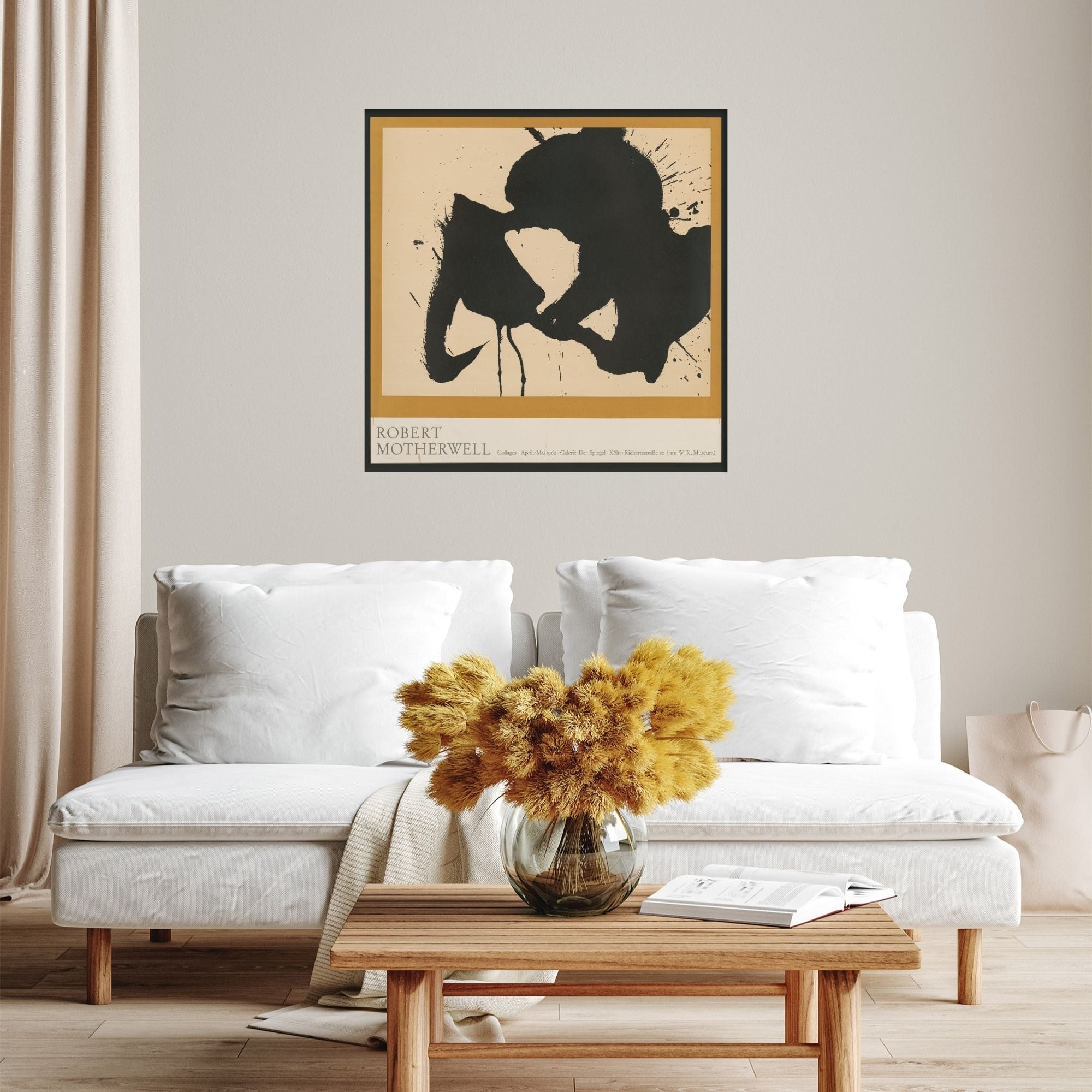 Abstract Motherwell poster in a minimalist Japandi living room