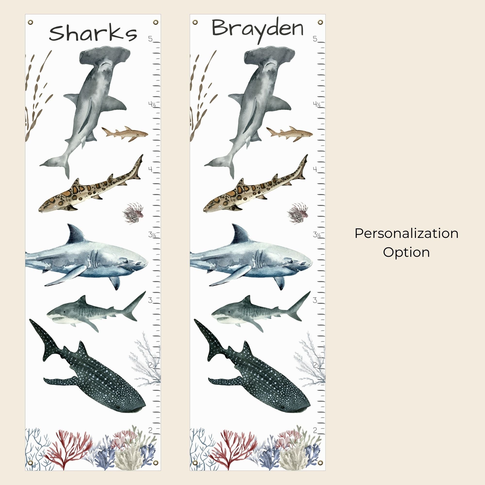 Custom canvas shark growth chart with brass grommets.
