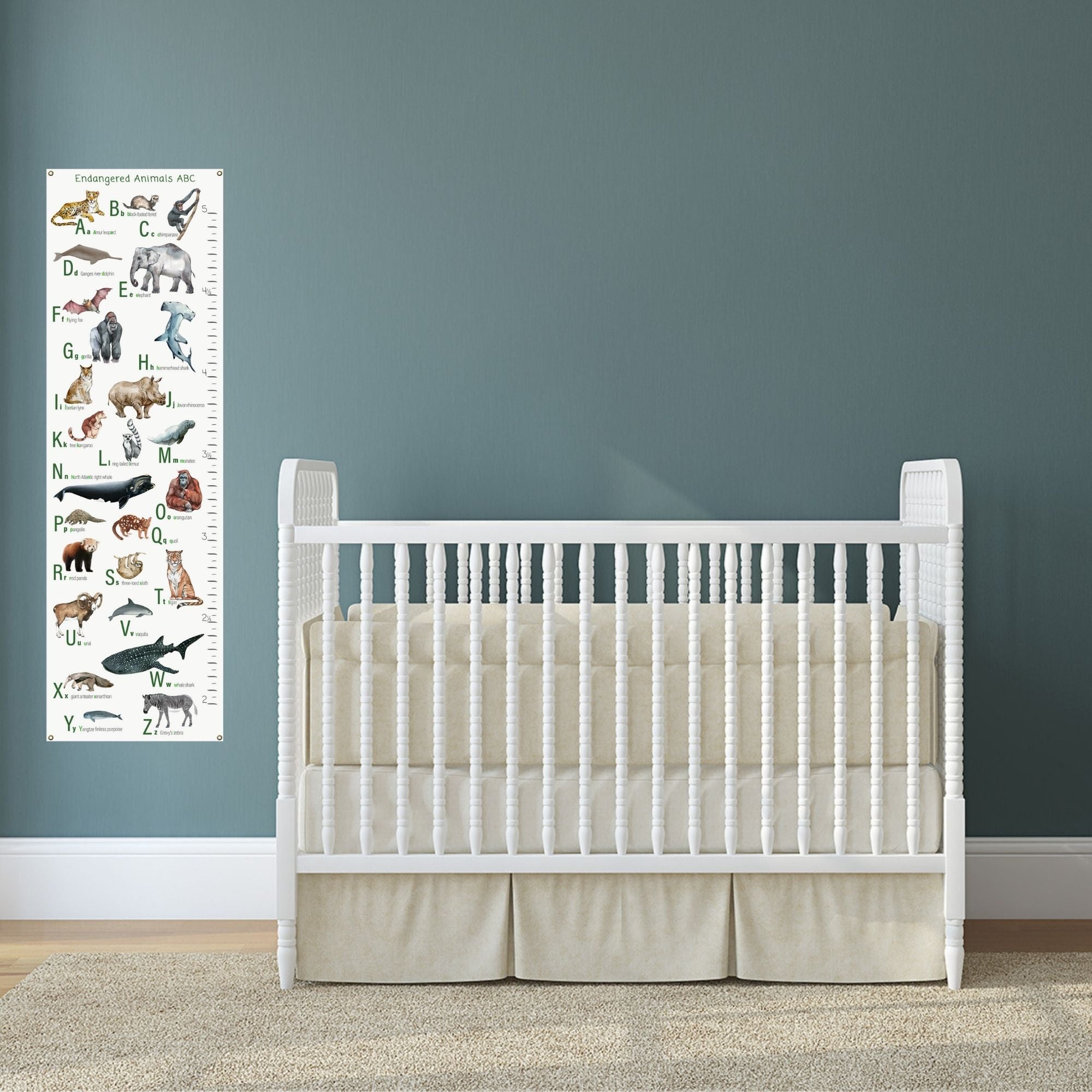 Endangered animals alphabet growth chart next to a crib.