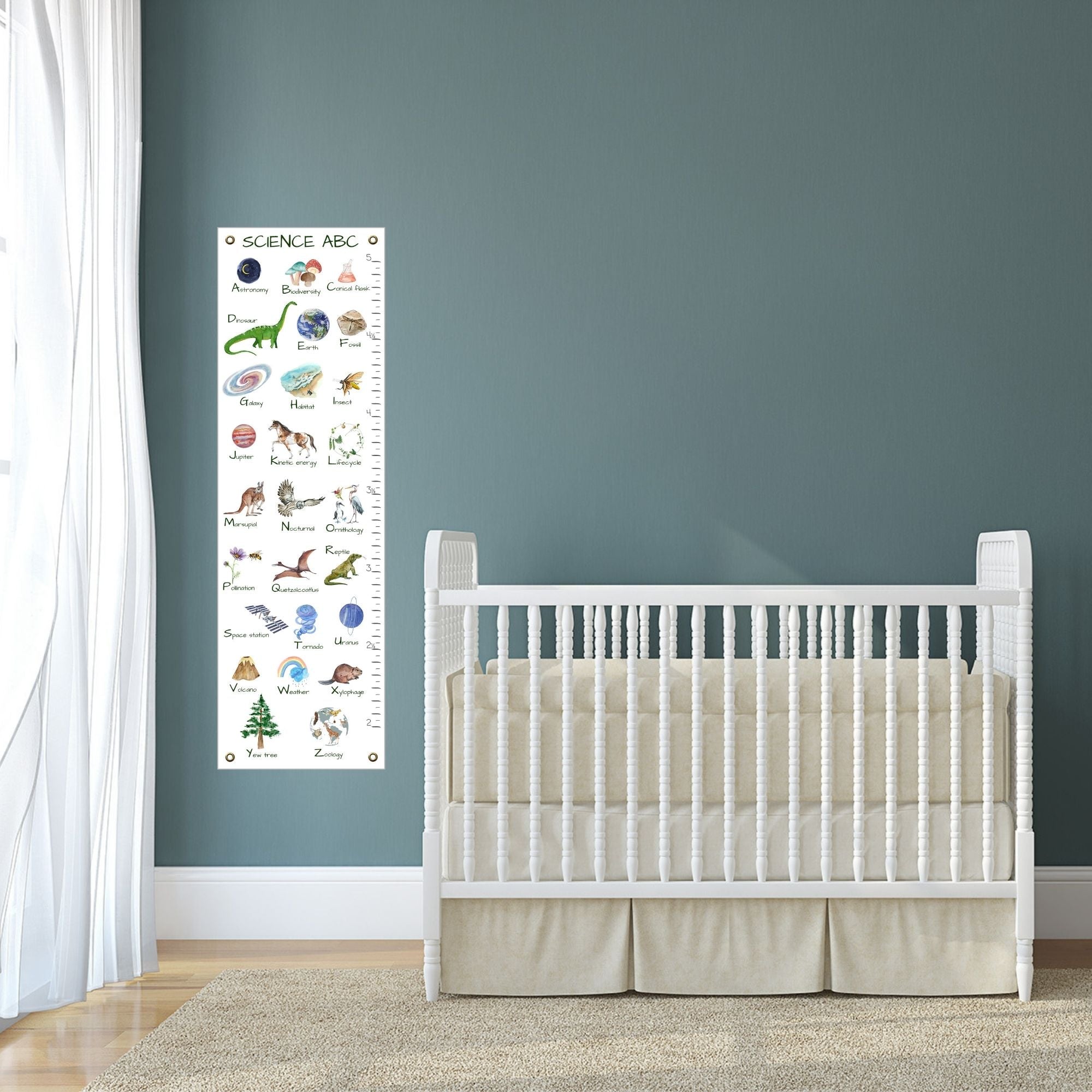 Baby nursery with canvas growth chart next to crib
