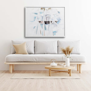 Minimalist living room with abstract Charles Demuth schooner.