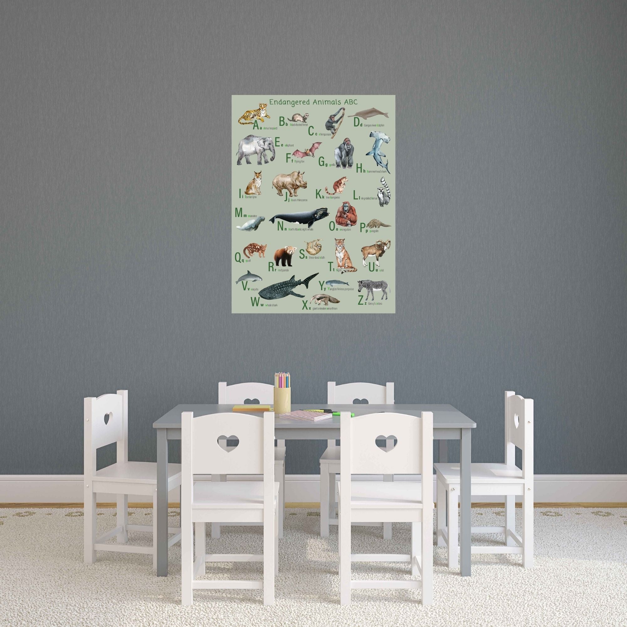 Endangered animals alphabet poster in a playroom.