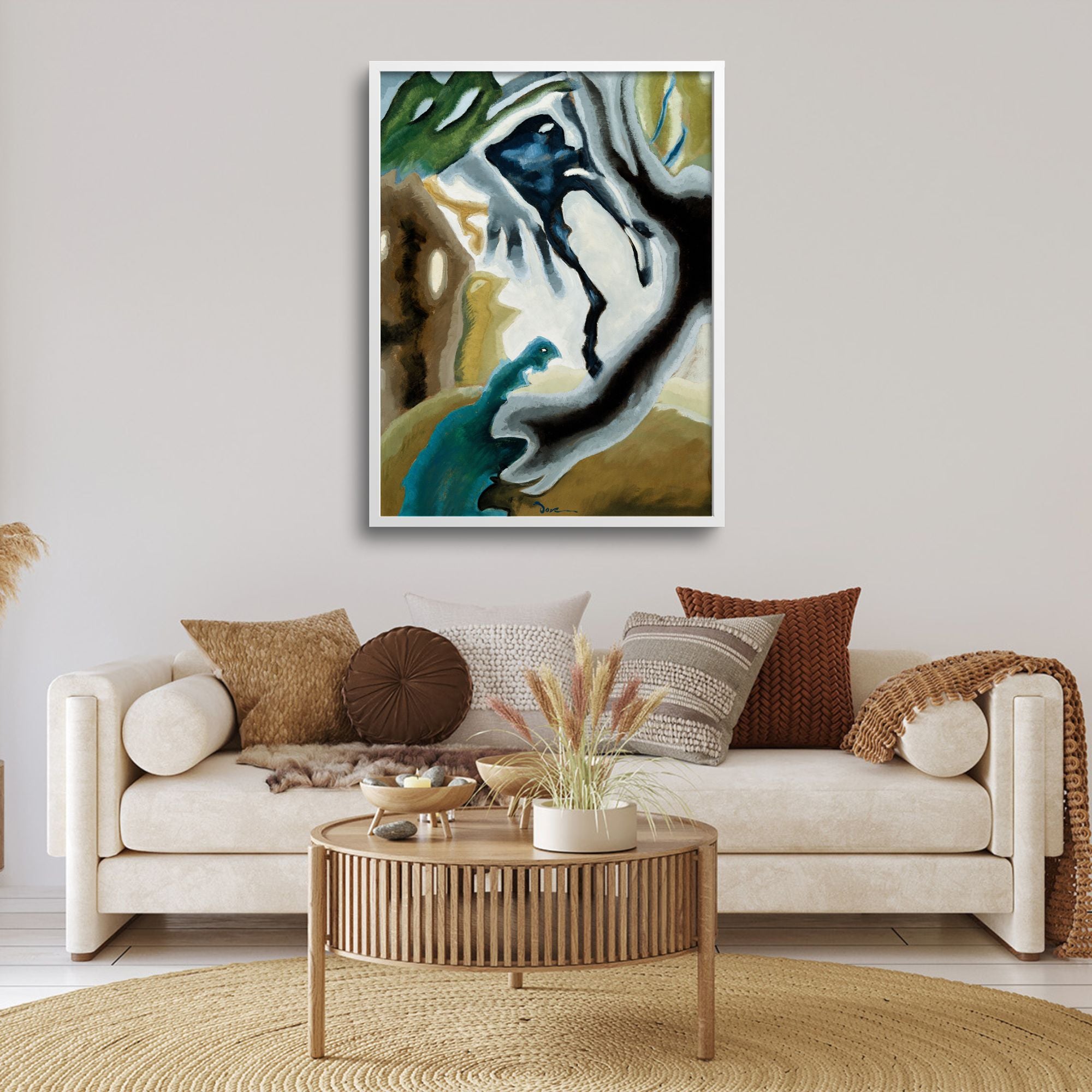 Barnyard Fantasy print by Arthur Dove in a minimalist living room.