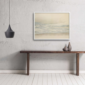 Japanese wall decor over a rustic table in a minimalist  room