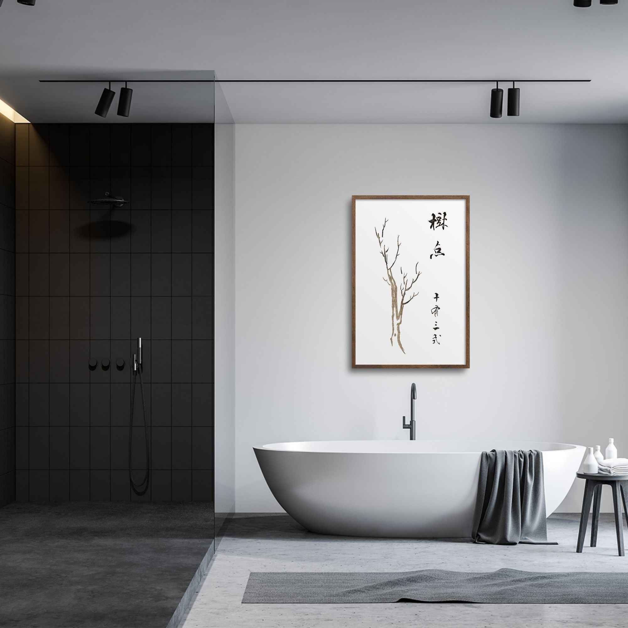 Japanese tree with calligraphy by Ike Taiga in a modern bathroom.