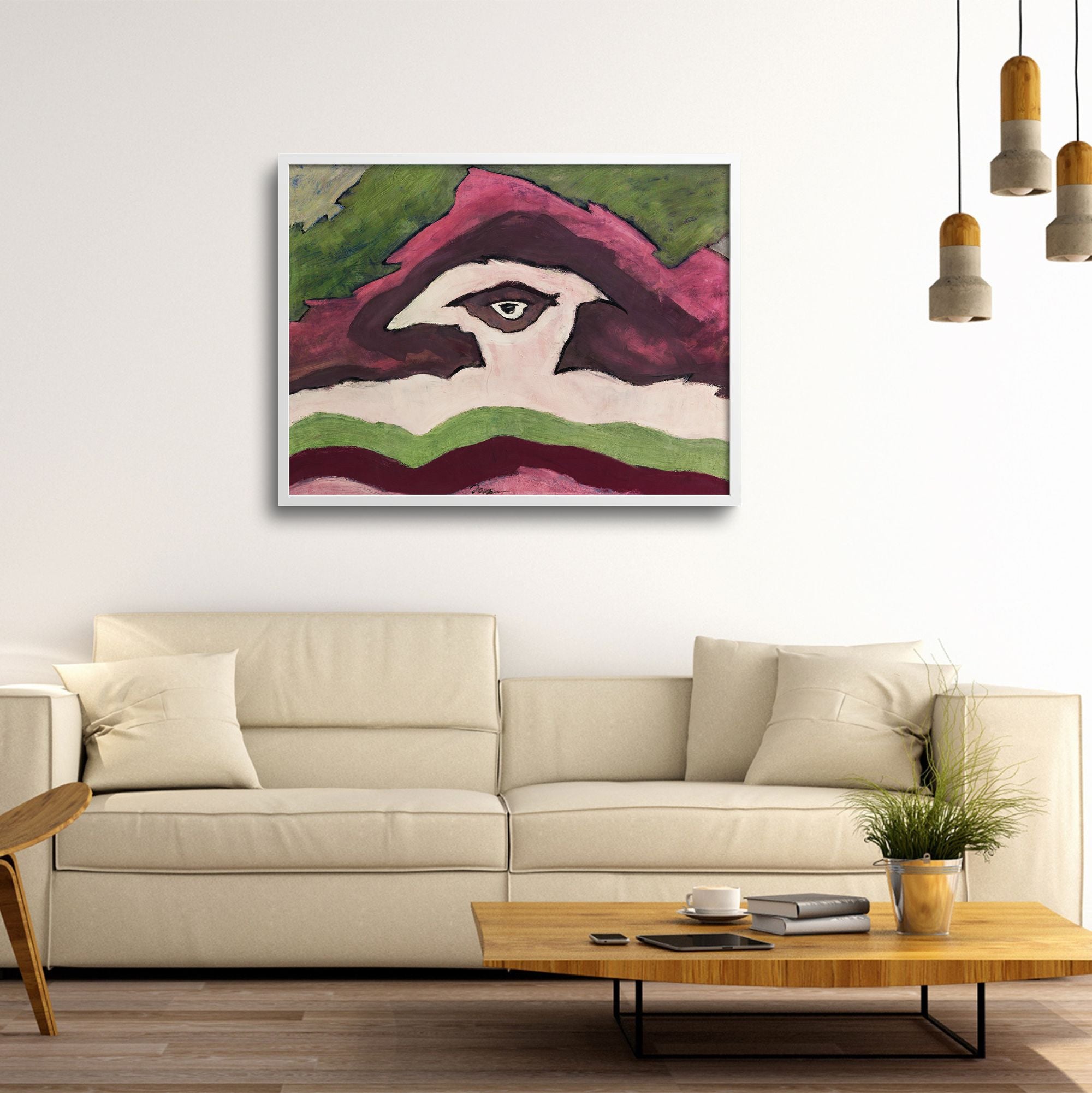 Japandi living room with Arthur Dove painting over the sofa.