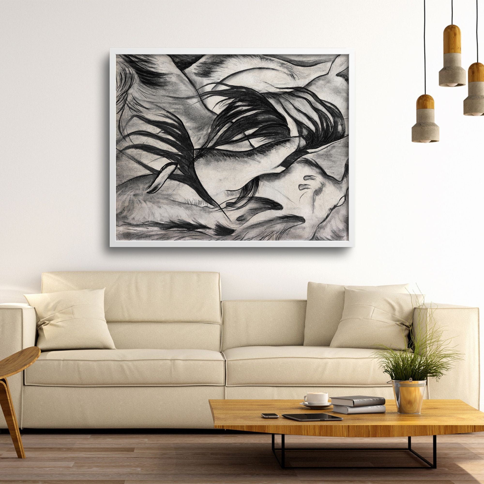 Japandi living room with abstract art over the couch.