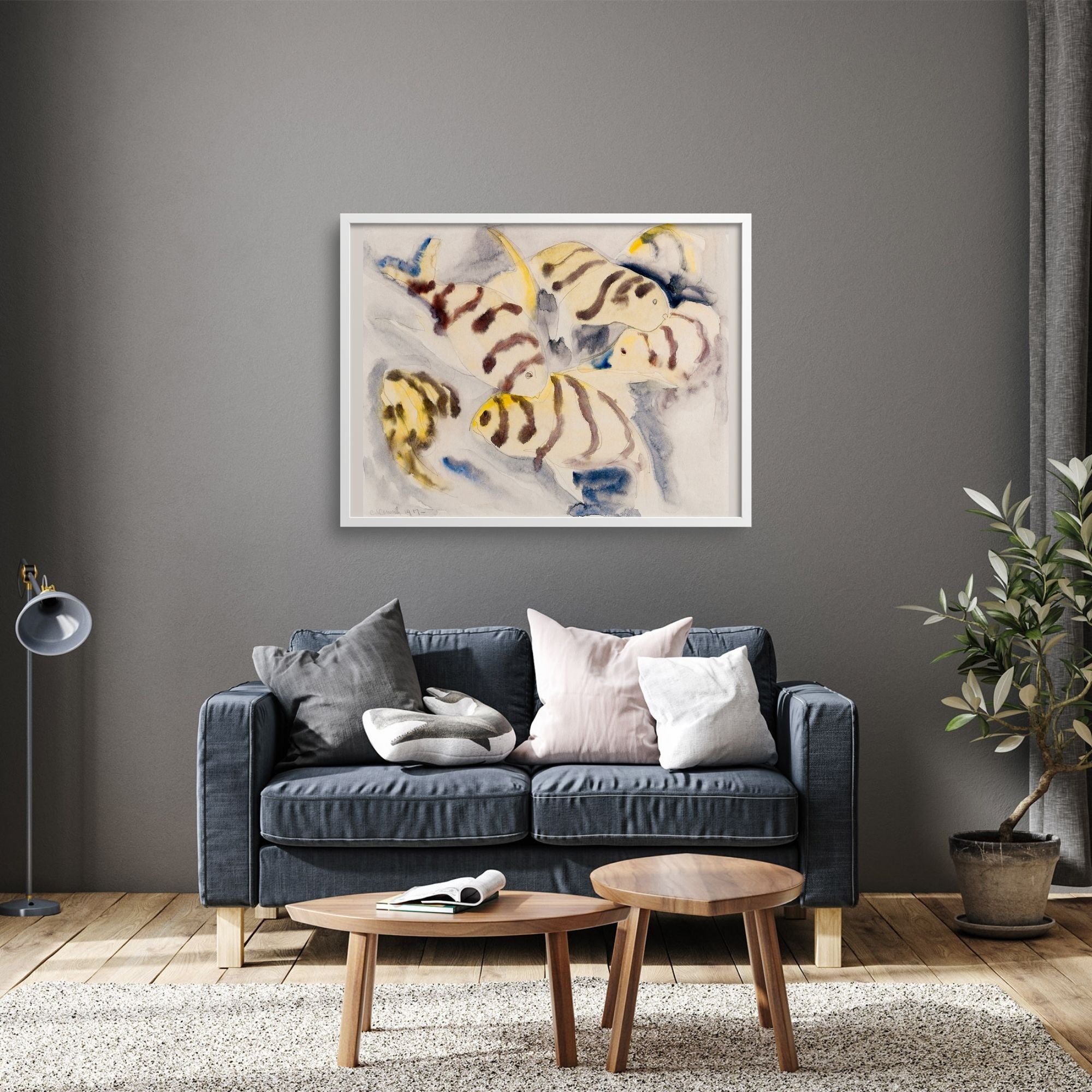 Tropical fish by Charles Demuth over a grey sofa