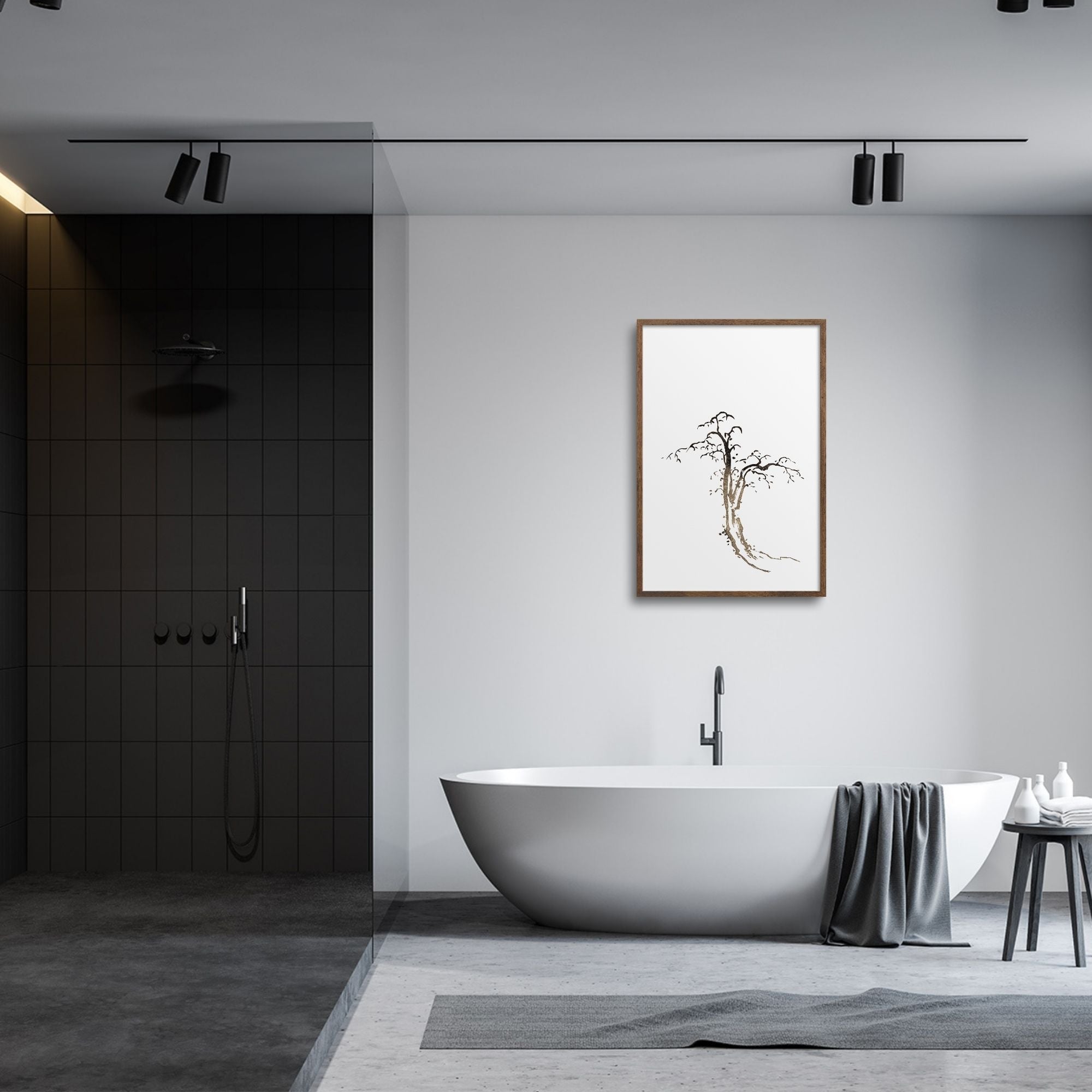 Japanese tree wall decor in a Japandi style minimalist bathroom