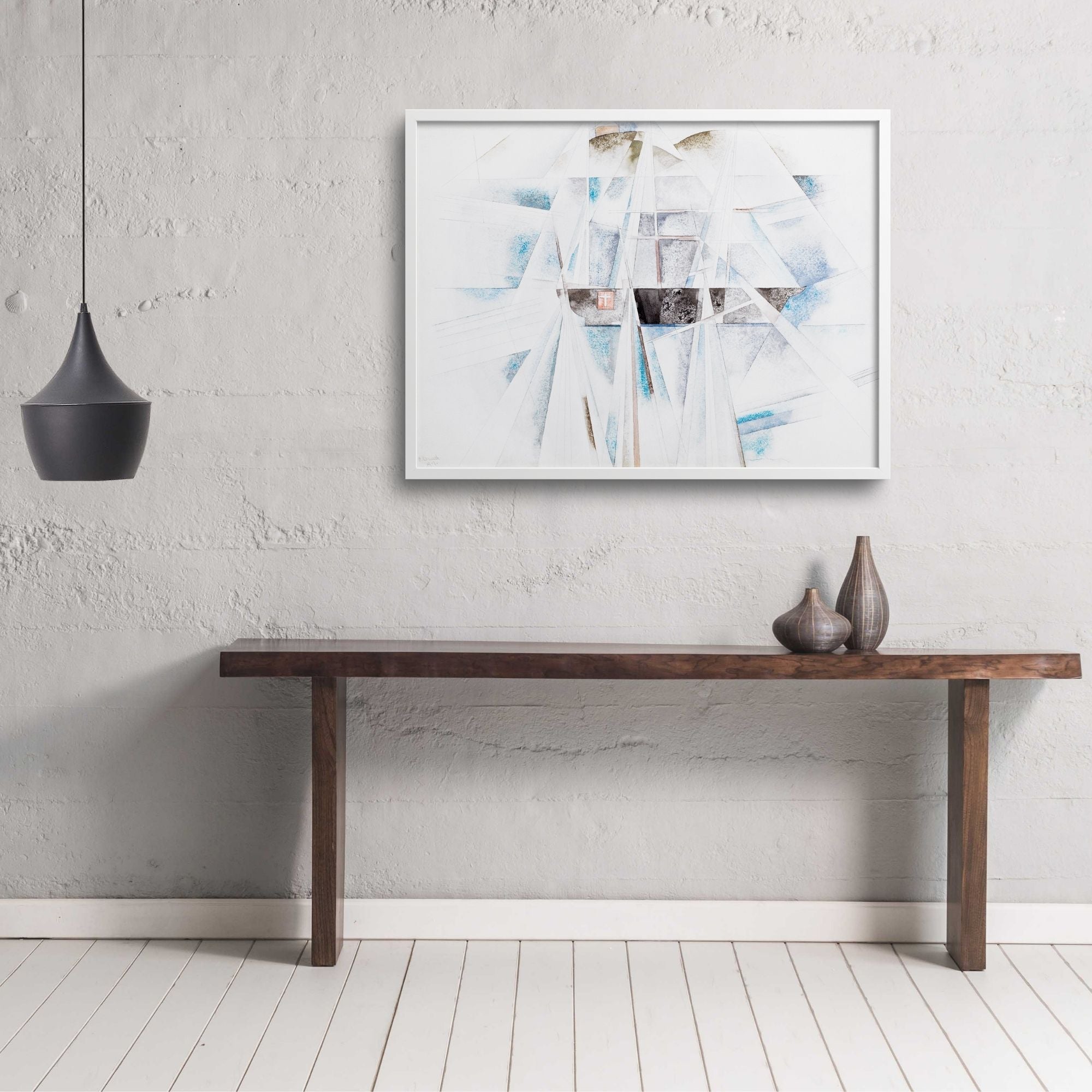 Demuth abstract schooner print over a table.