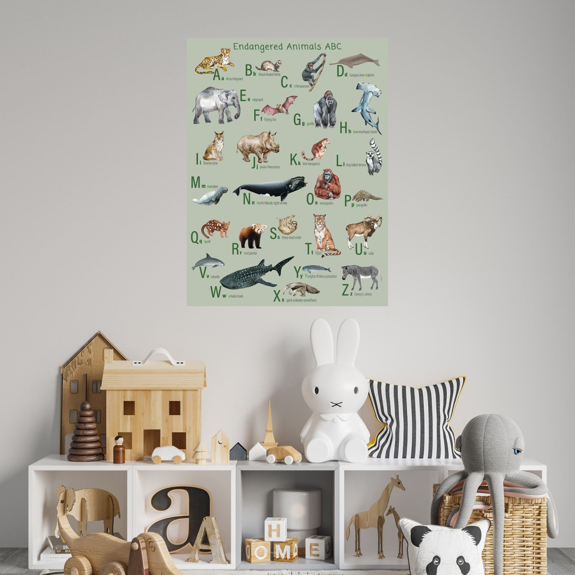 Green endangered animals ABC poster hanging over a bookcase in a child's room.