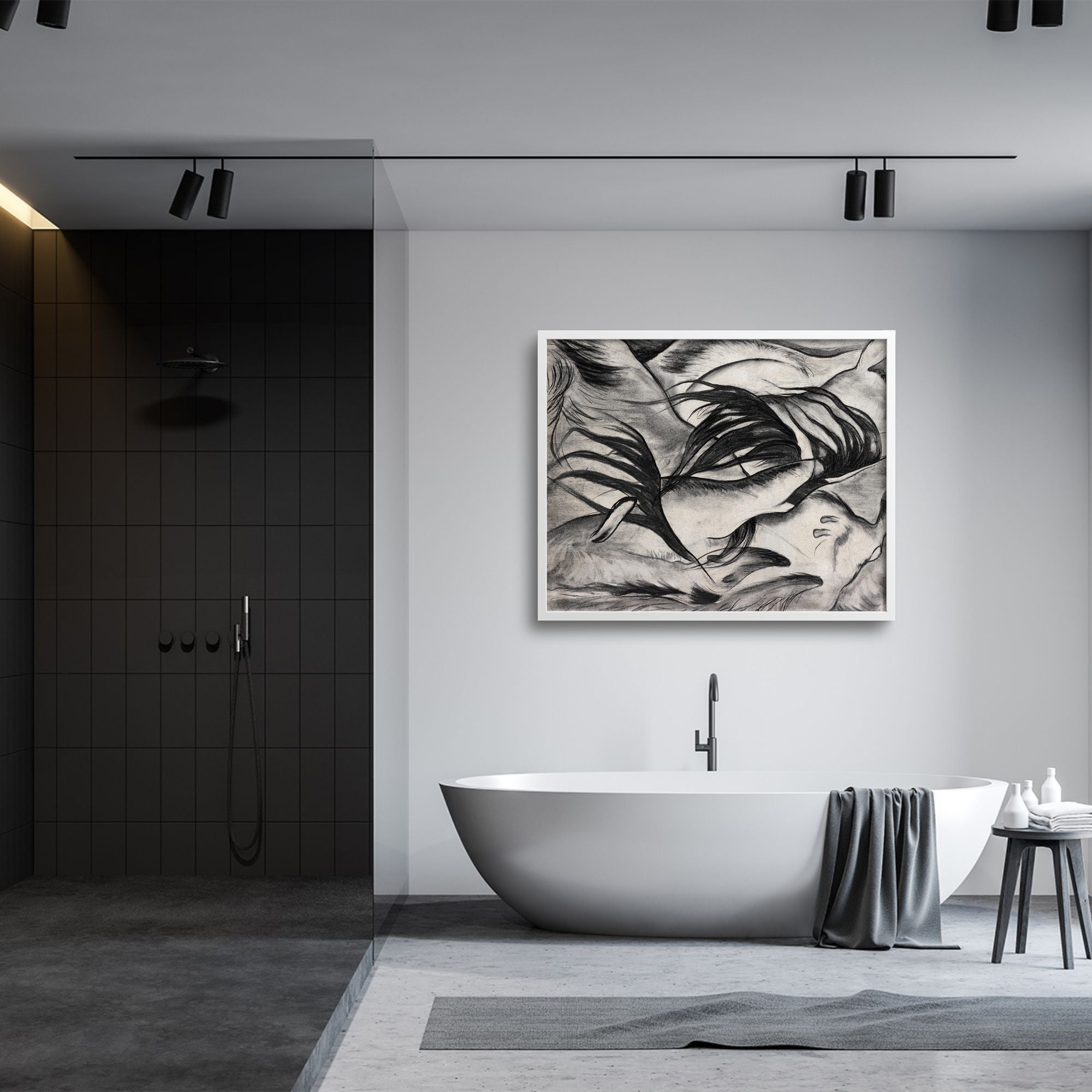 Goats, by Arthur Dove, in a Japandi minimalist black and white bathroom.