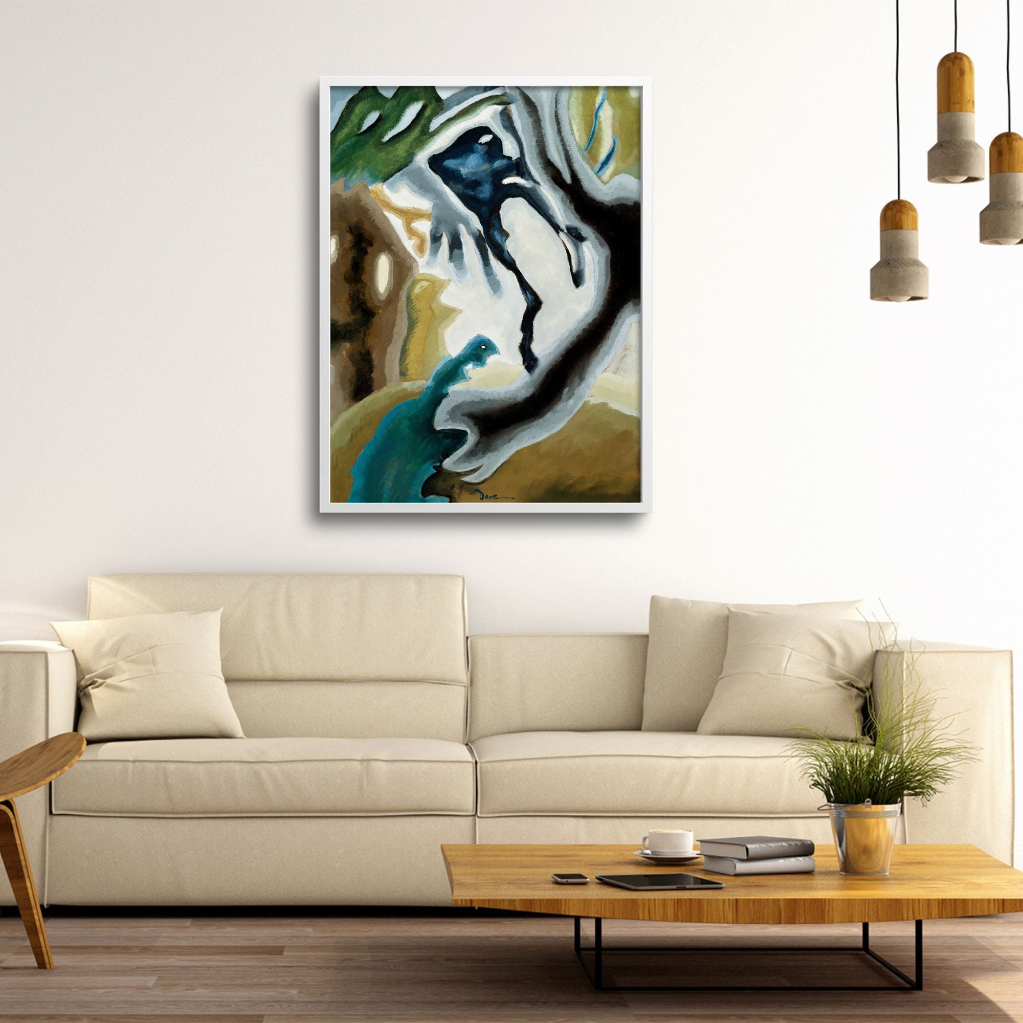 Japandi style living room with Arthur Dove framed painting over the couch.