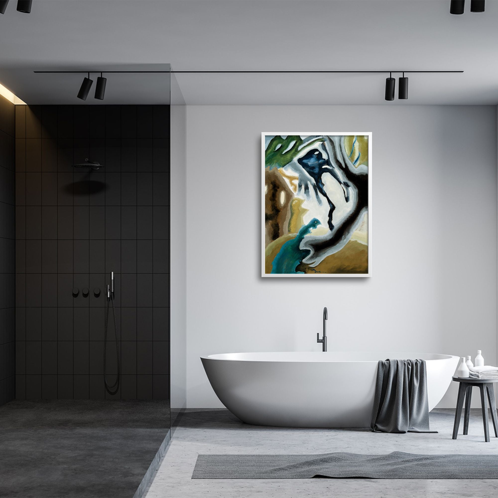 Barnyard Fantasy by Arthur Dove in Japandi style bathroom.