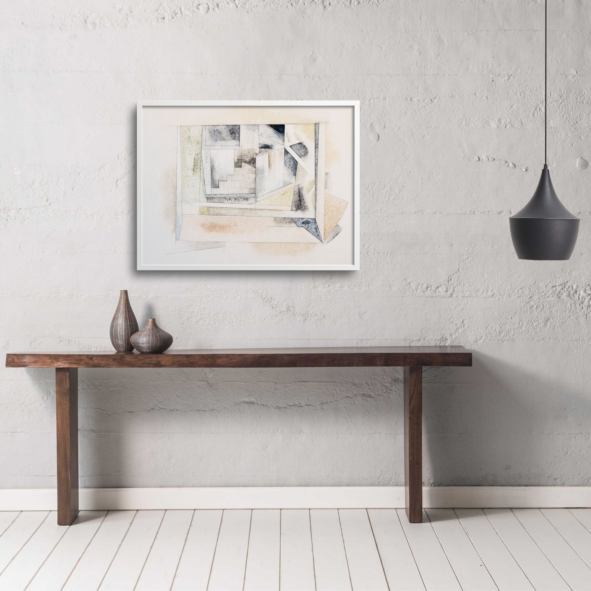Charles Demuth Bermuda stairway watercolor print over a table.