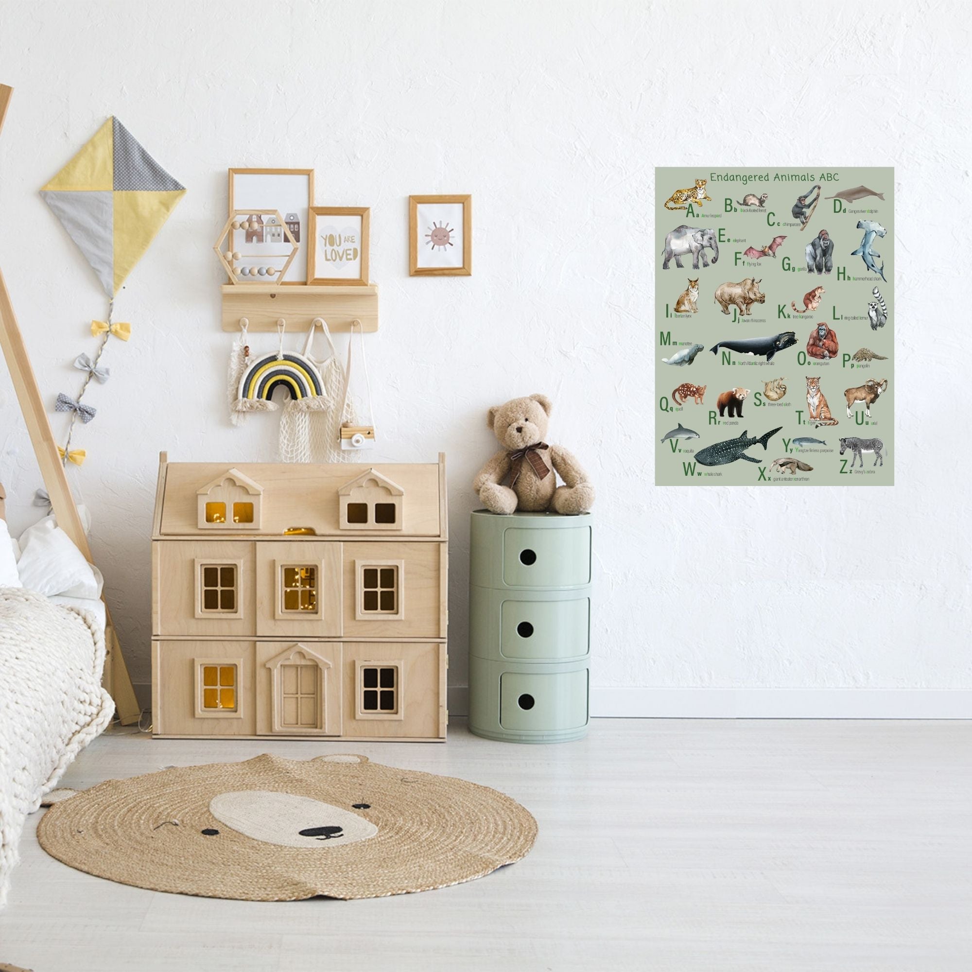 Endangered animals ABC poster in a kid's room.