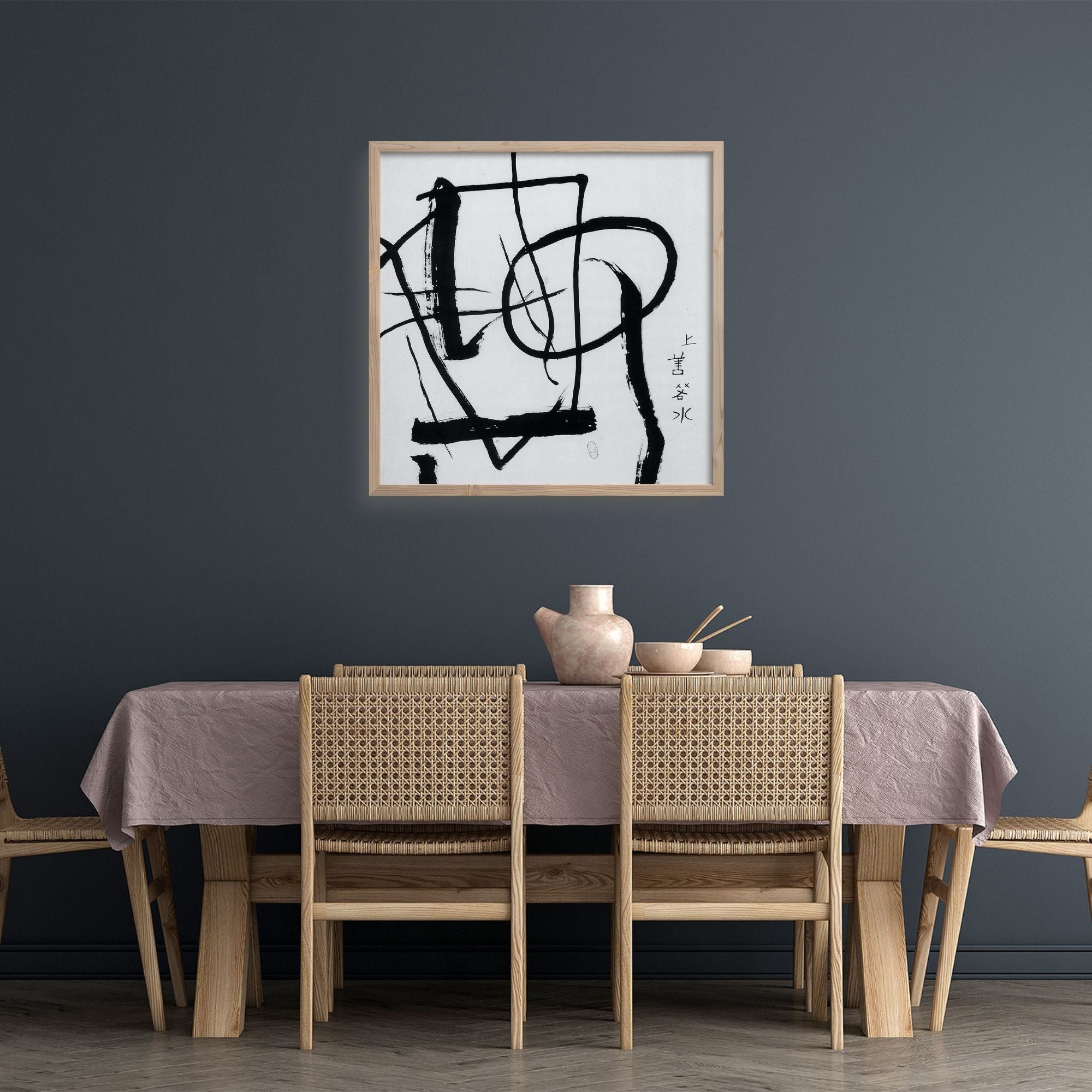 Saburo Hasegawa abstract calligraphy print over a dining table in a Japandi Style room