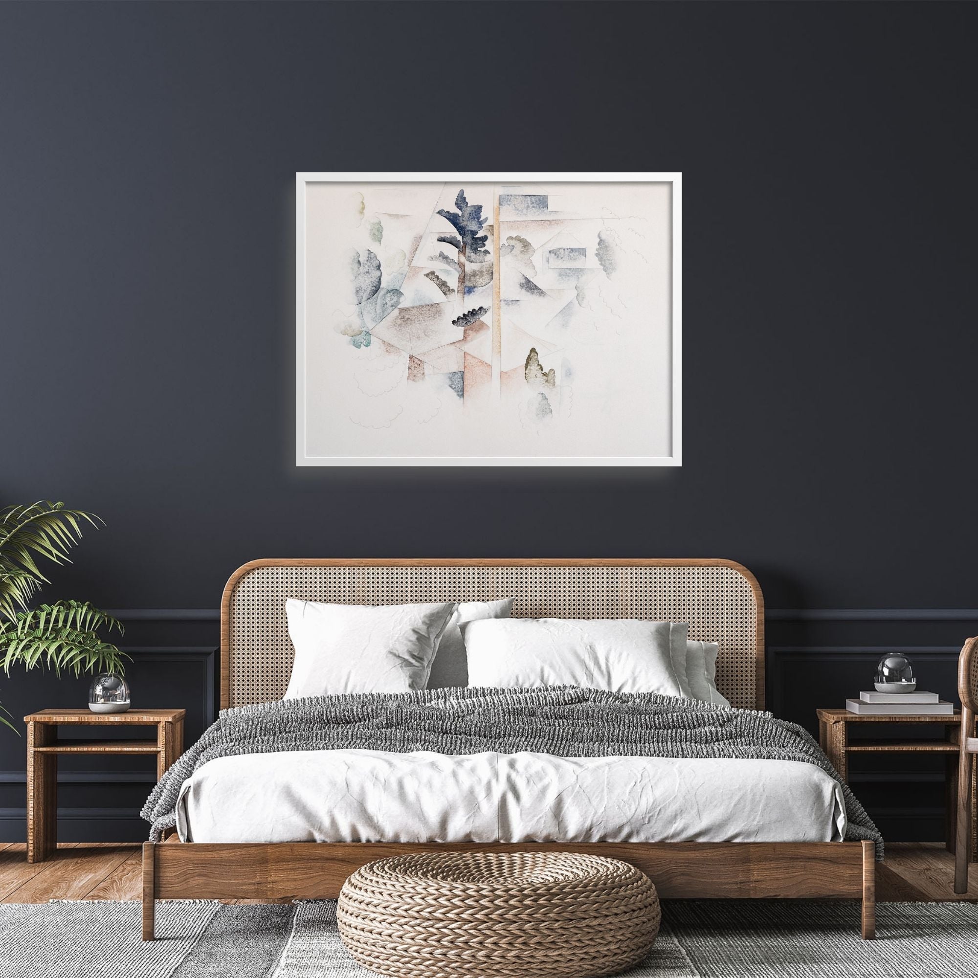 Charles Demuth Bermuda trees abstract art print over a bed.