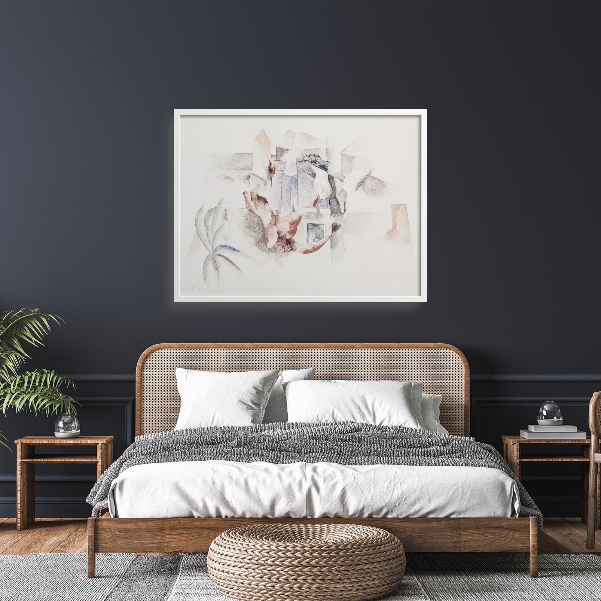 Abstract watercolor painting of a Bermuda landscape over a bed.