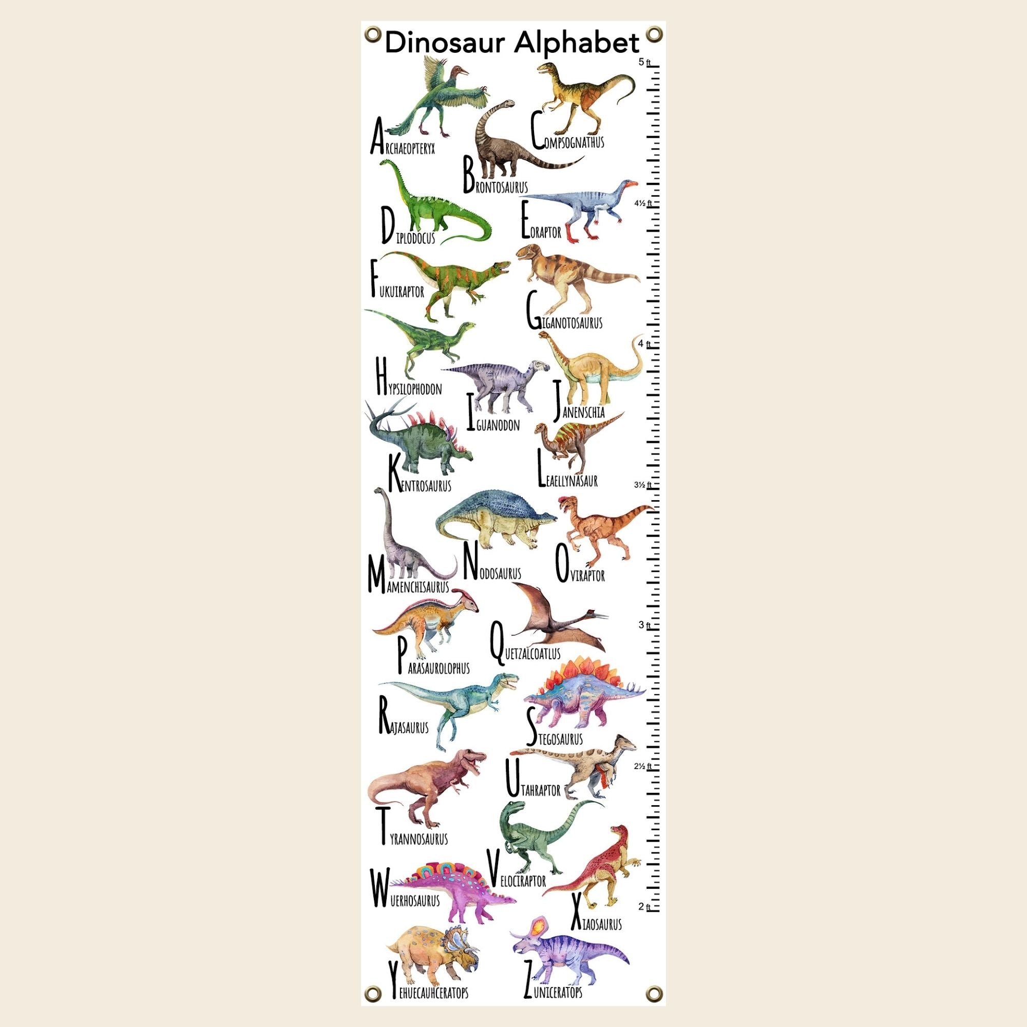 Archival fine art canvas with brass grommets; eco-friendly pigment inks; 26 original dinosaurs in watercolors with authentic names in alphabetical order. Made in Canada.