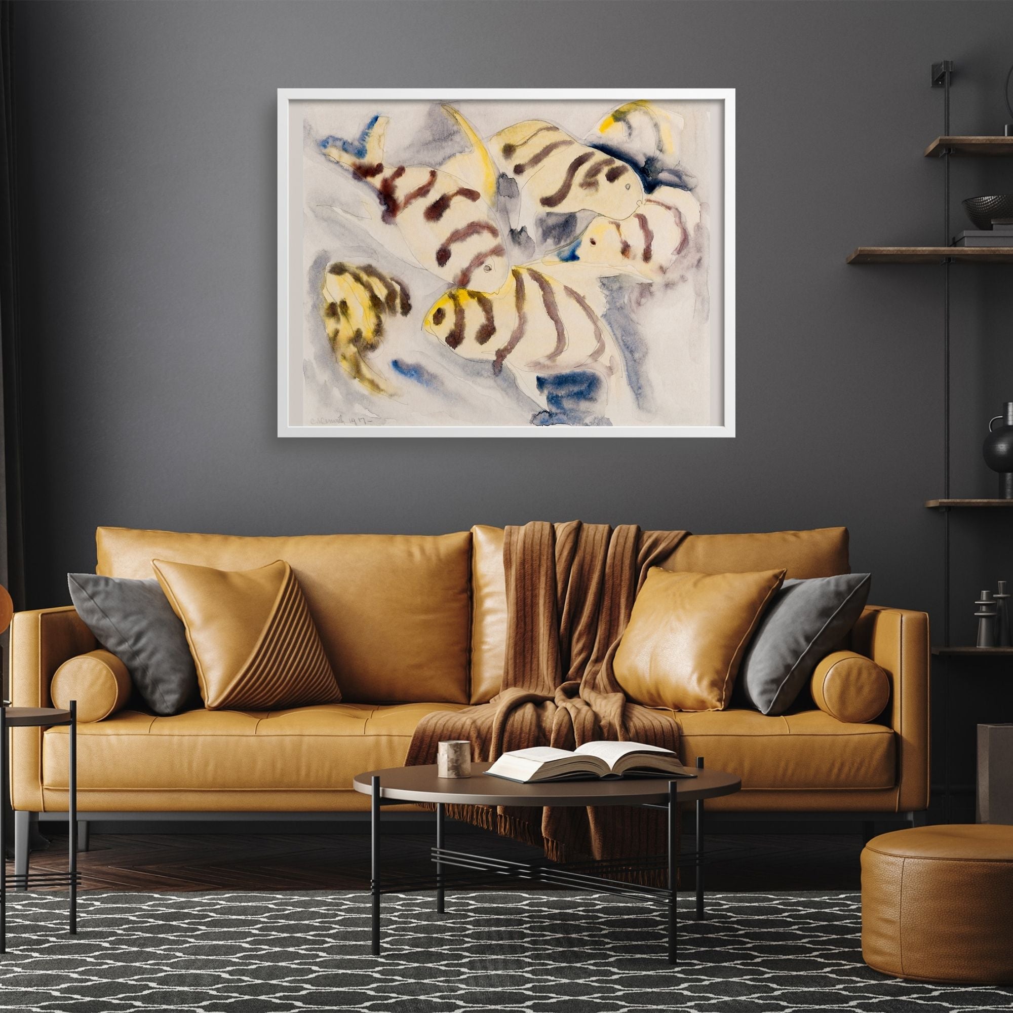 Charles Demuth tropic fish watercolor over a sofa on a grey wall