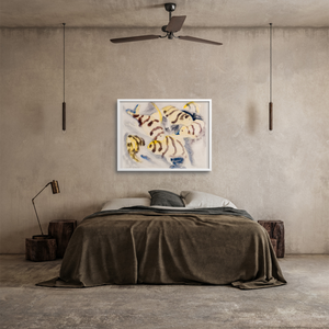 Tropical fish watercolor print over a bed